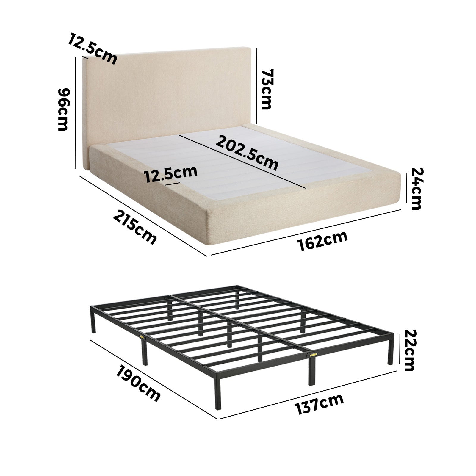 Oikiture Double Upholstered Fabric Bed Frame Internal Metal Base Chenille Beige