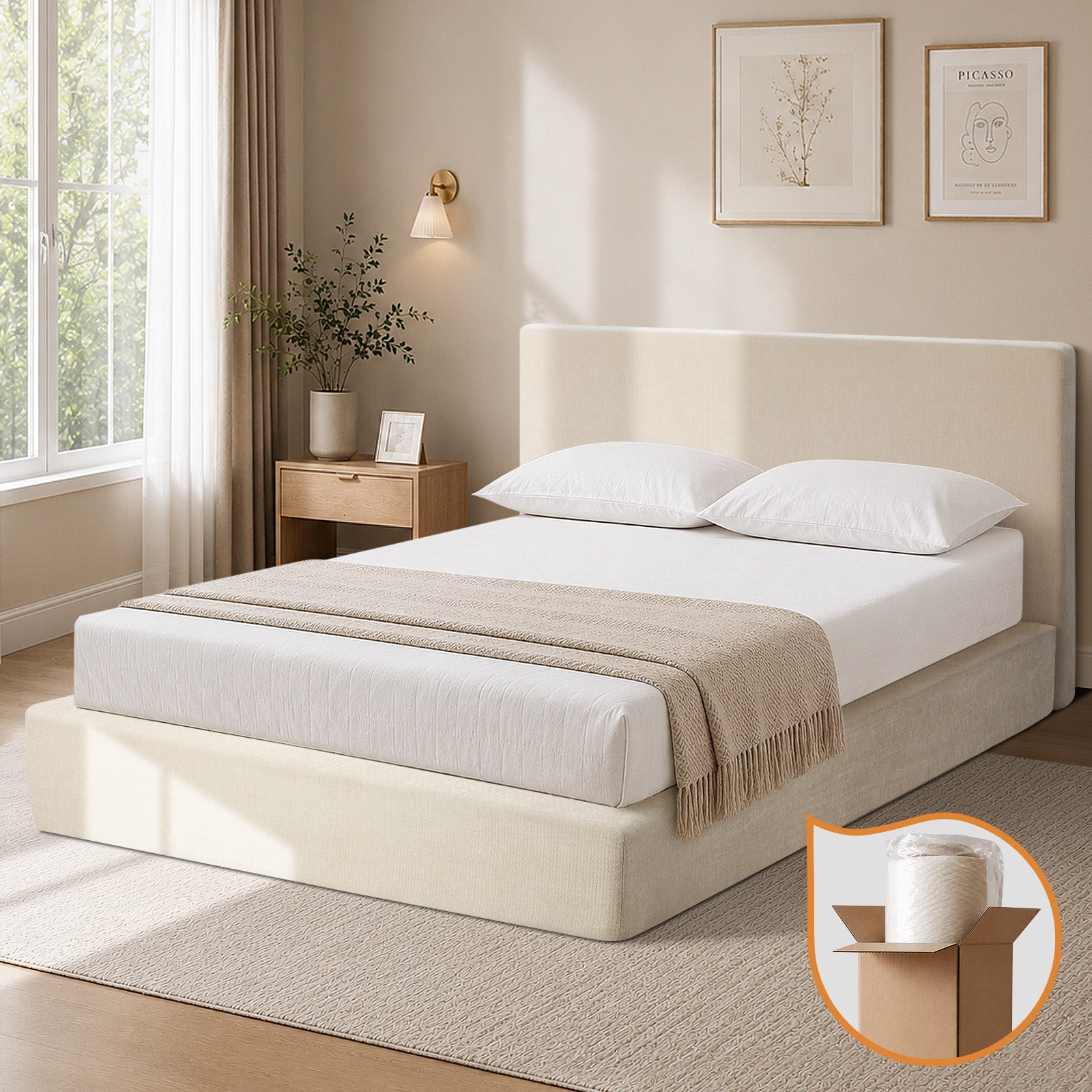 Oikiture Queen Upholstered Fabric Bed Frame Internal Metal Base Chenille Beige