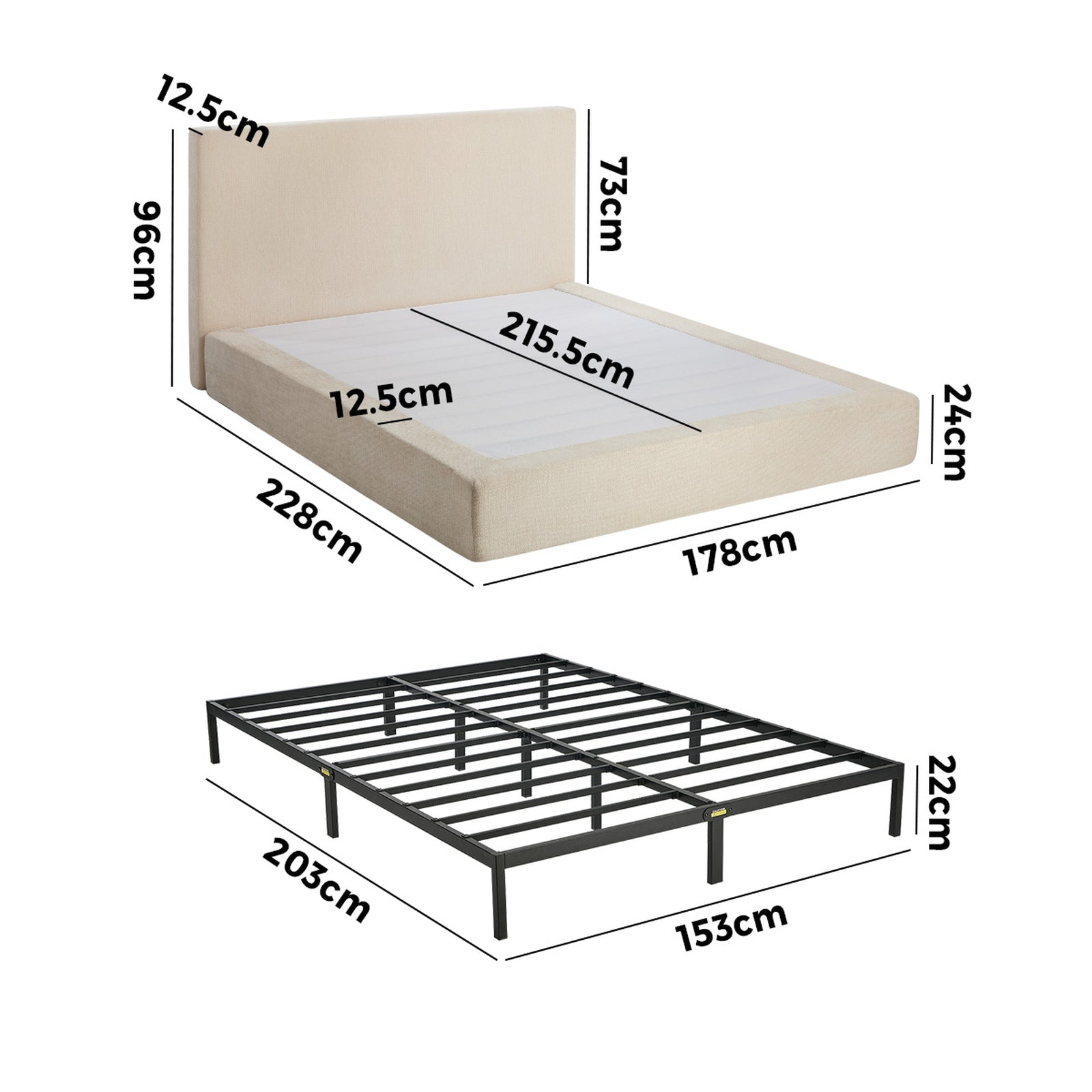 Oikiture Queen Upholstered Fabric Bed Frame Internal Metal Base Chenille Beige