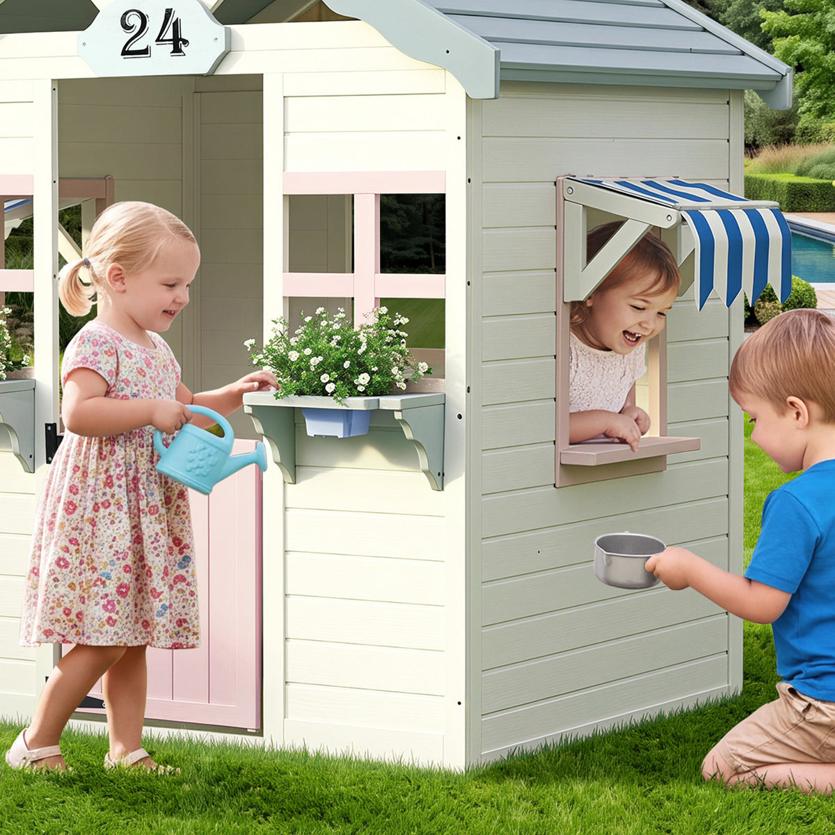 Mazam Kids Wooden Cubby House Outdoor Playhouse Cottage Awning Backyard Play