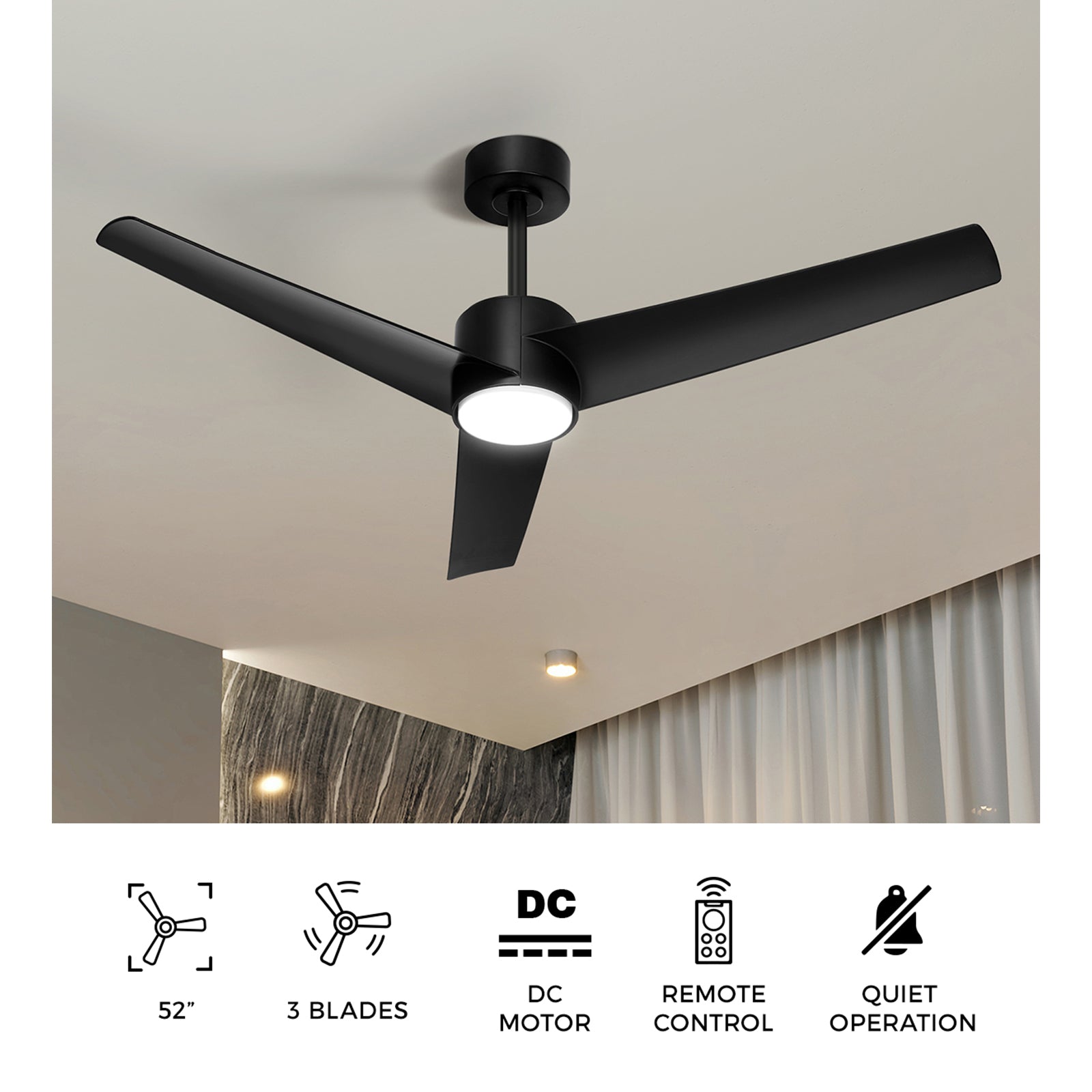 Vevare 52" Ceiling Fan With Light DC Motor 5 Speed Remote Control Timer Black - Sunyee