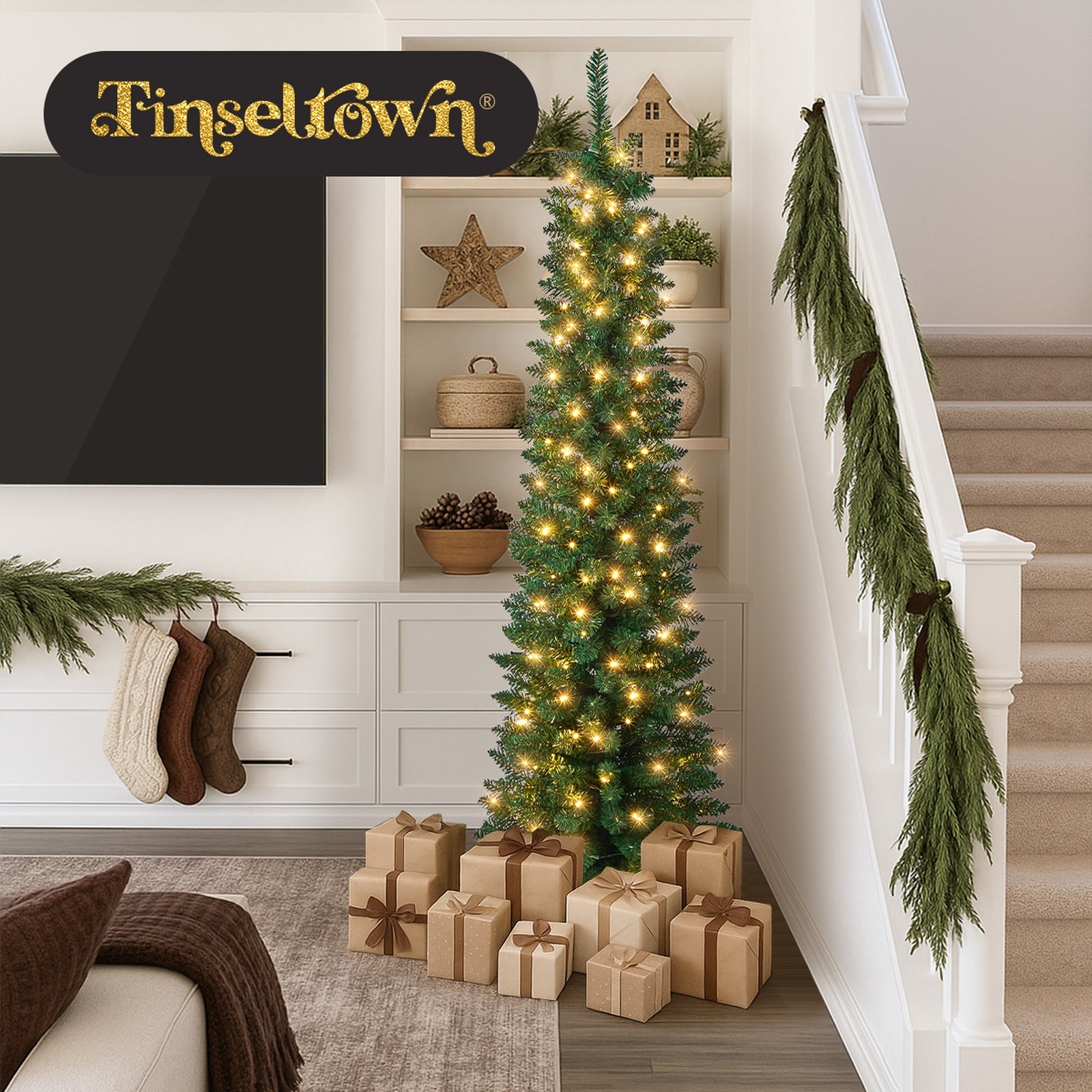 Tinseltown Slim LED Christmas Tree 6FT 1.8M Warm Lights Green 300 Tips