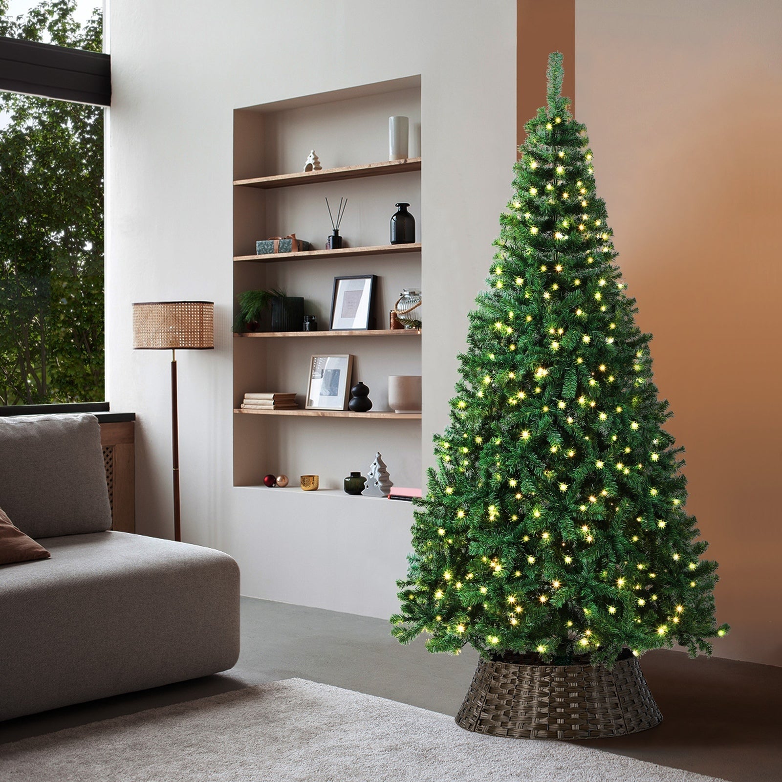 Tinseltown LED Christmas Tree 1.8M 6FT with Rattan Tree Skirt Warm Light Green - Sunyee
