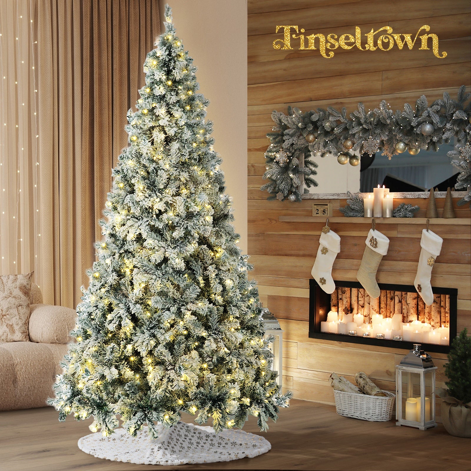 Tinseltown LED Christmas Tree 2.4M 8FT with Tree Skirt Light Snow-sprayed Green - Sunyee