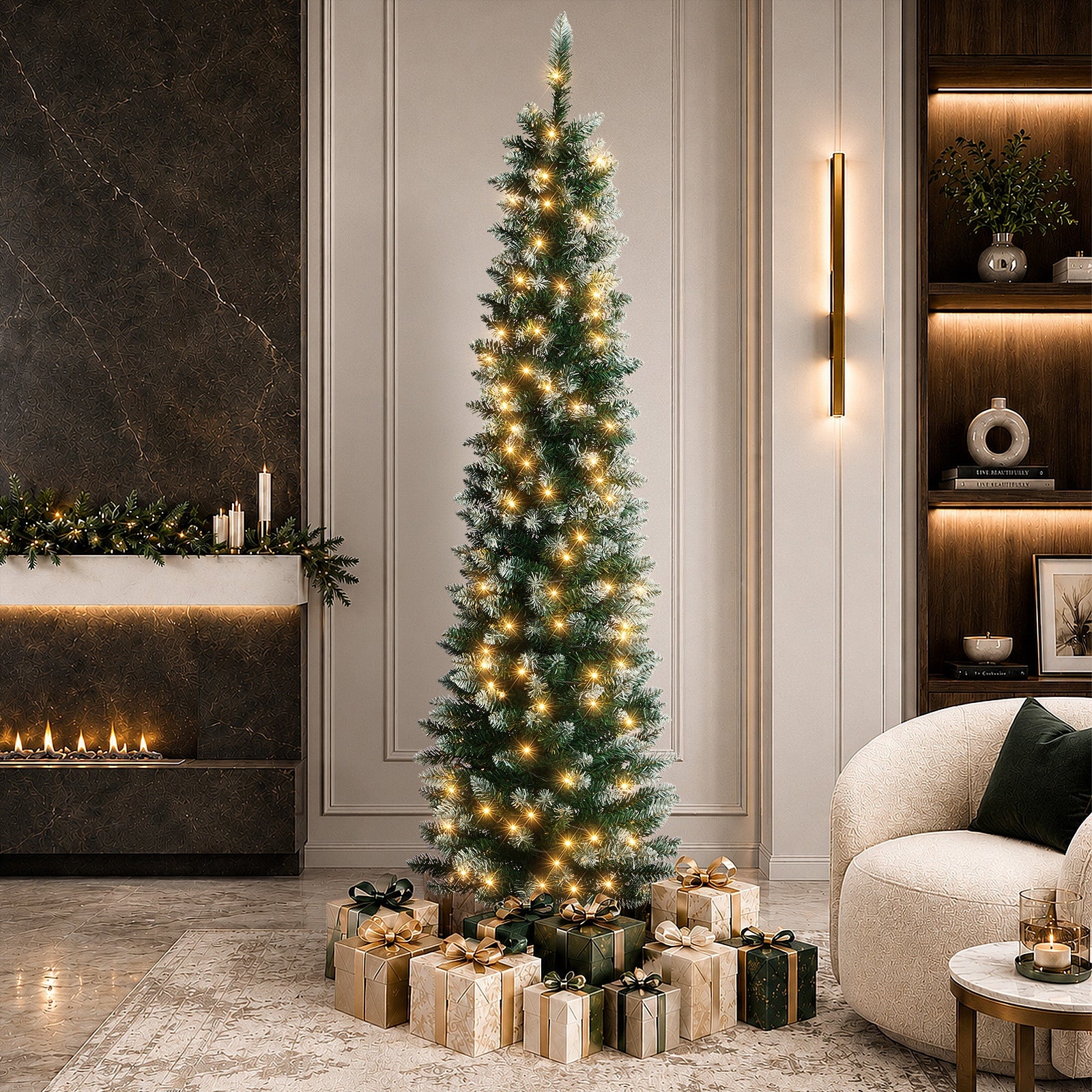 Tinseltown Slim LED Christmas Tree 6FT 1.8M Warm Lights Green White 300 Tips