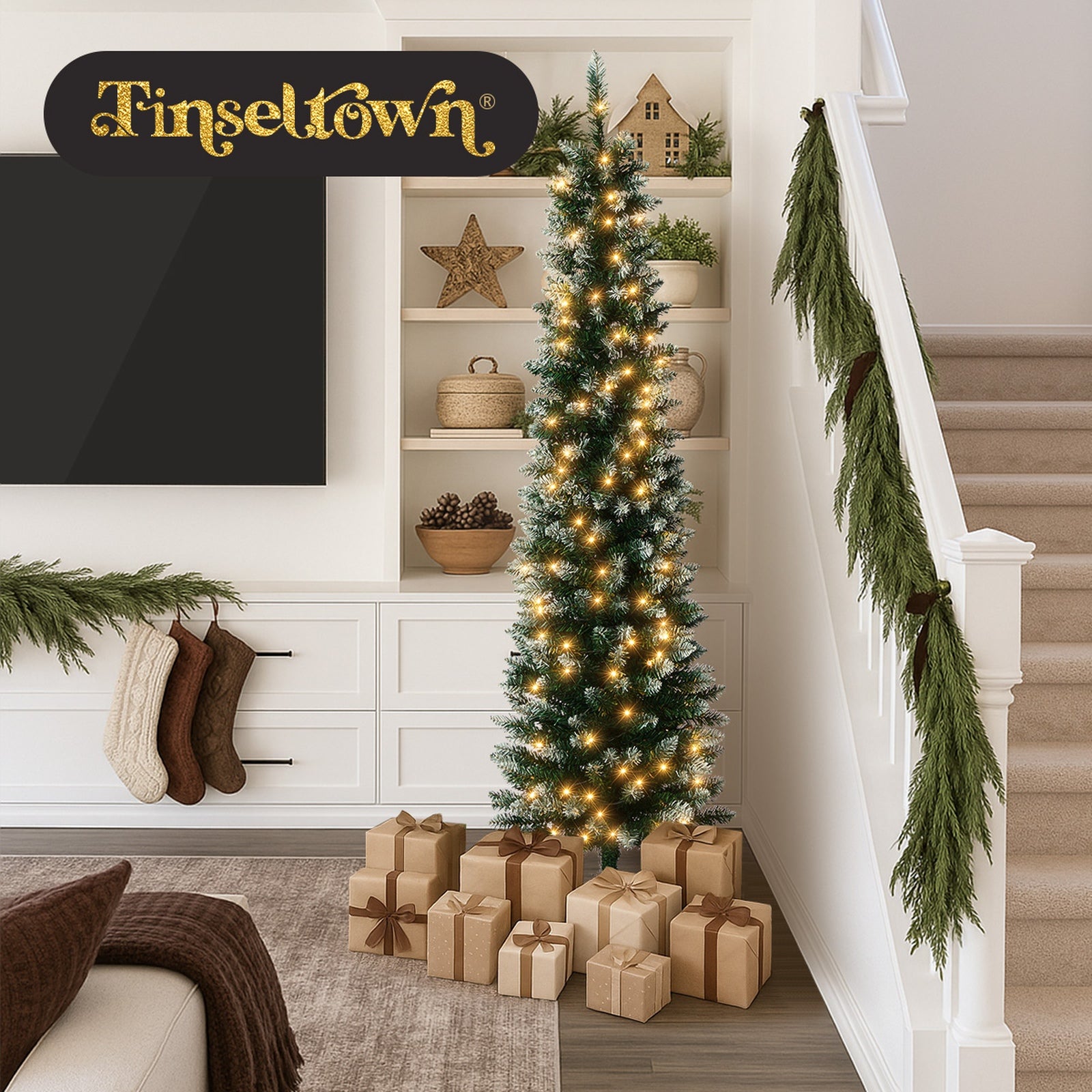 Tinseltown Slim LED Christmas Tree 6FT 1.8M Warm Lights Green White 300 Tips