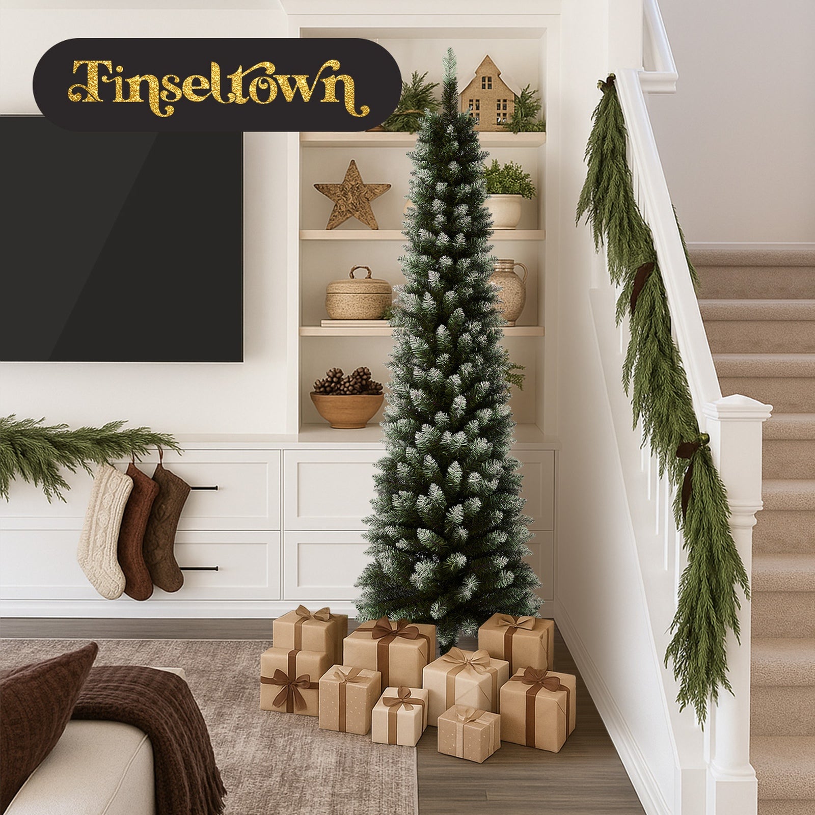 Tinseltown Slim Christmas Tree 1.8M 6FT Xmas Trees Decoration Green and White - Sunyee