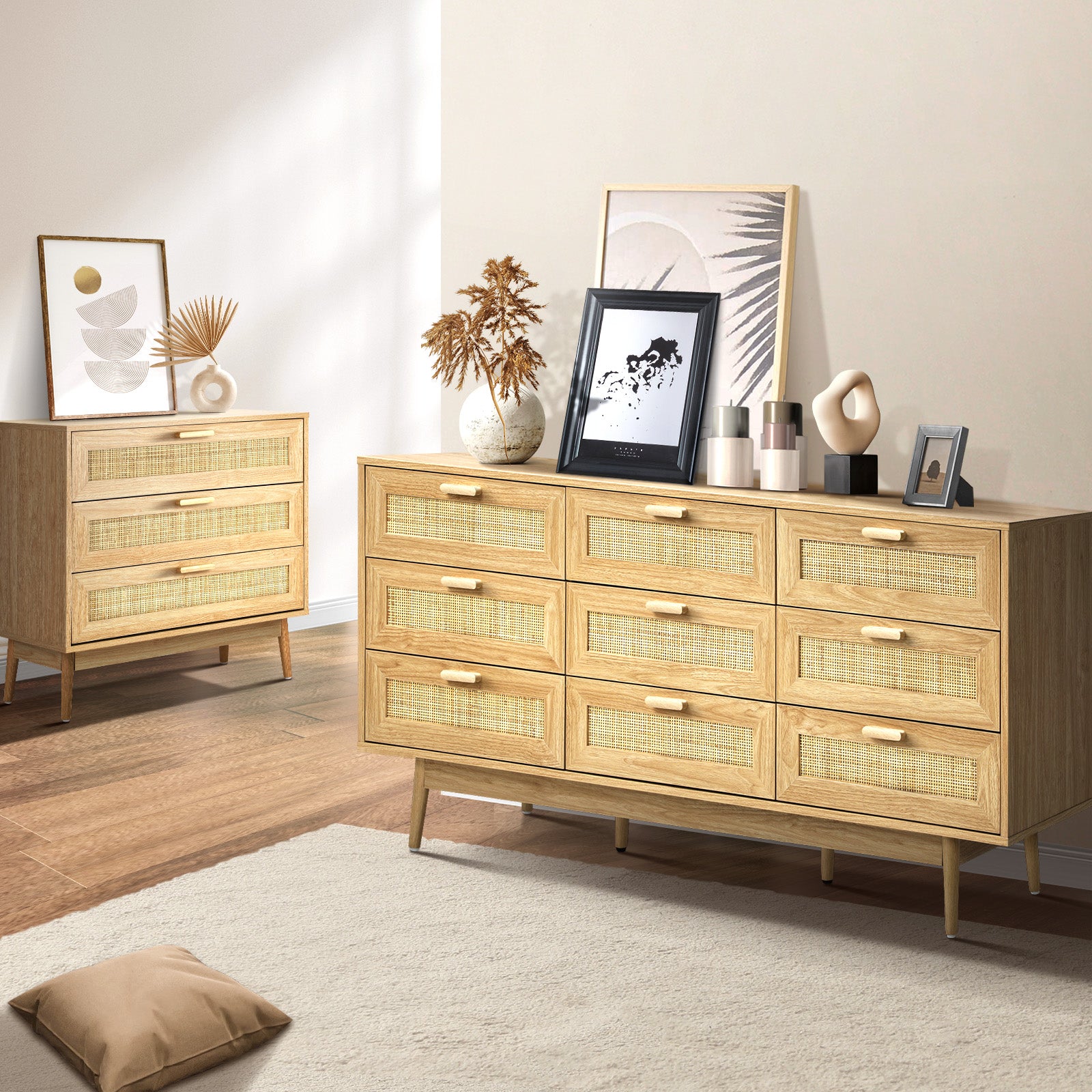 Oikiture Rattan Chest of Drawers Dresser Storage Cabinet Lowboy Bedroom Natural - Sunyee