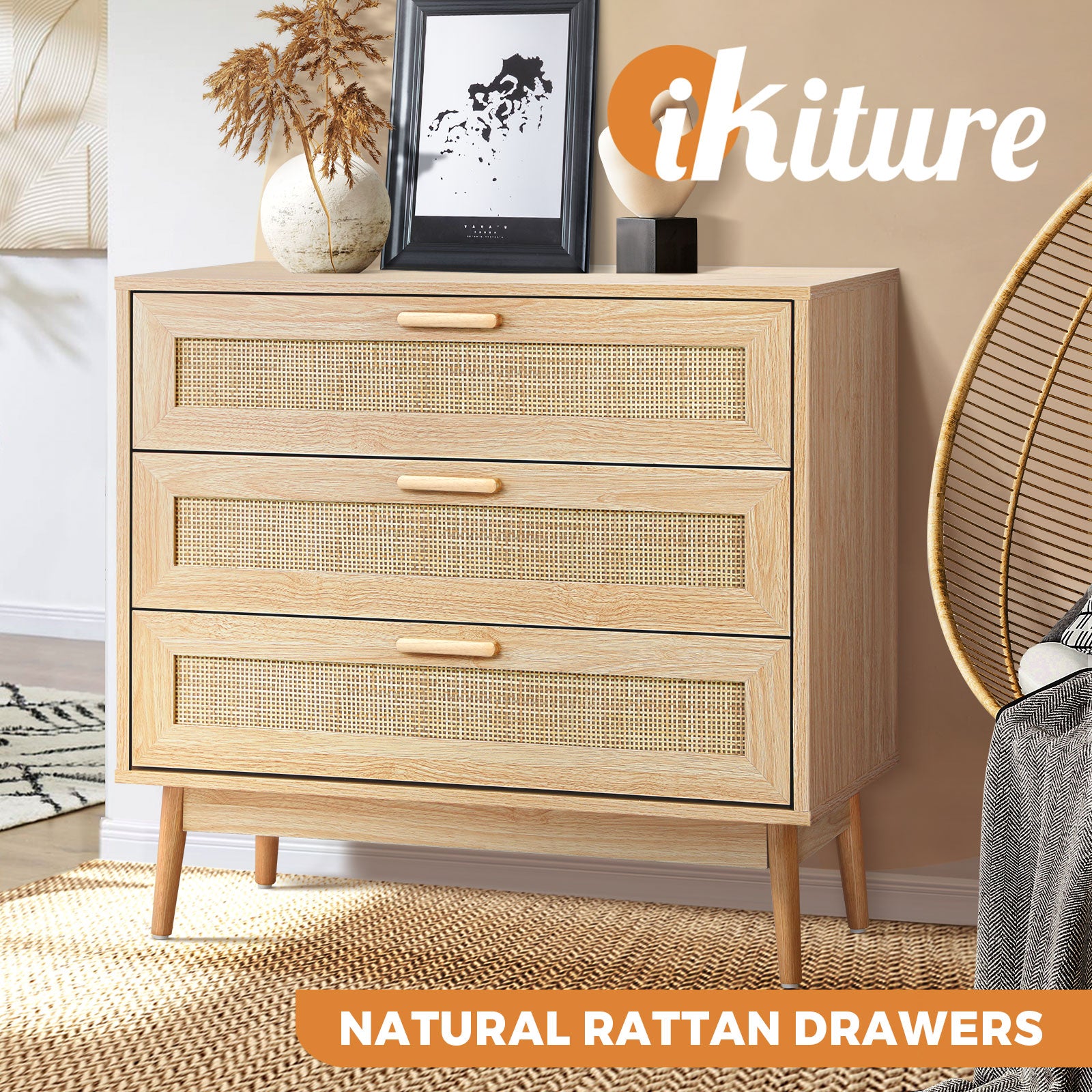Oikiture Rattan Chest of Drawers Dresser Storage Cabinet Lowboy Bedroom Natural - Sunyee