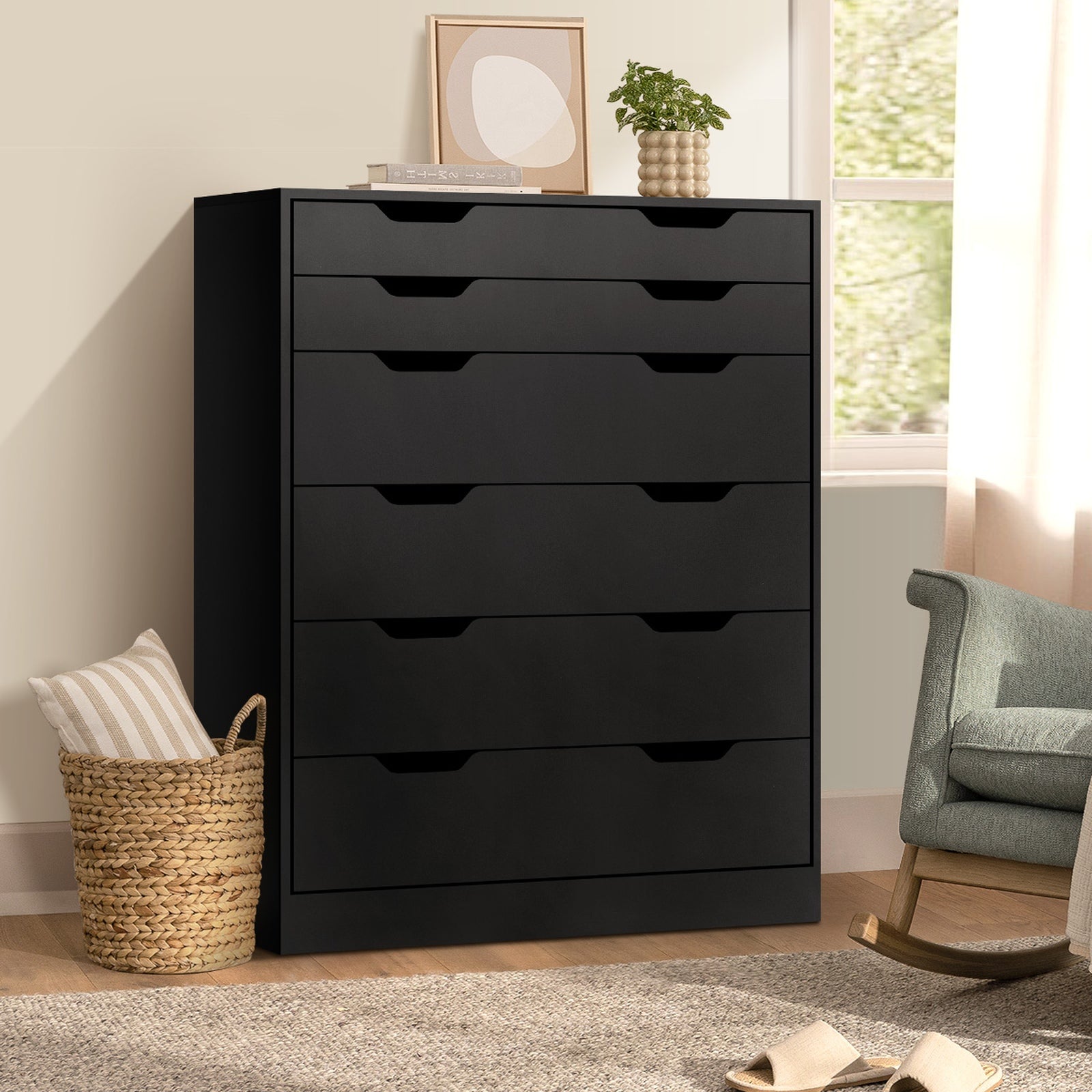 Oikiture 6 Chest of Drawers Tallboy Storage Cabinet Dresser Bedroom Black - Sunyee