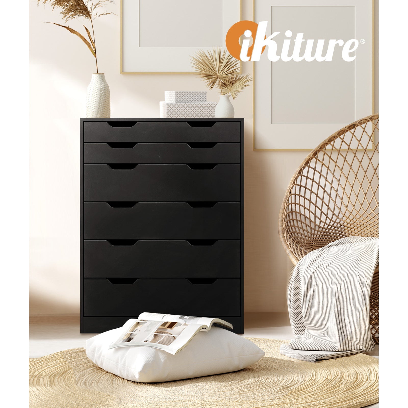 Oikiture 6 Chest of Drawers Tallboy Storage Cabinet Dresser Bedroom Black - Sunyee