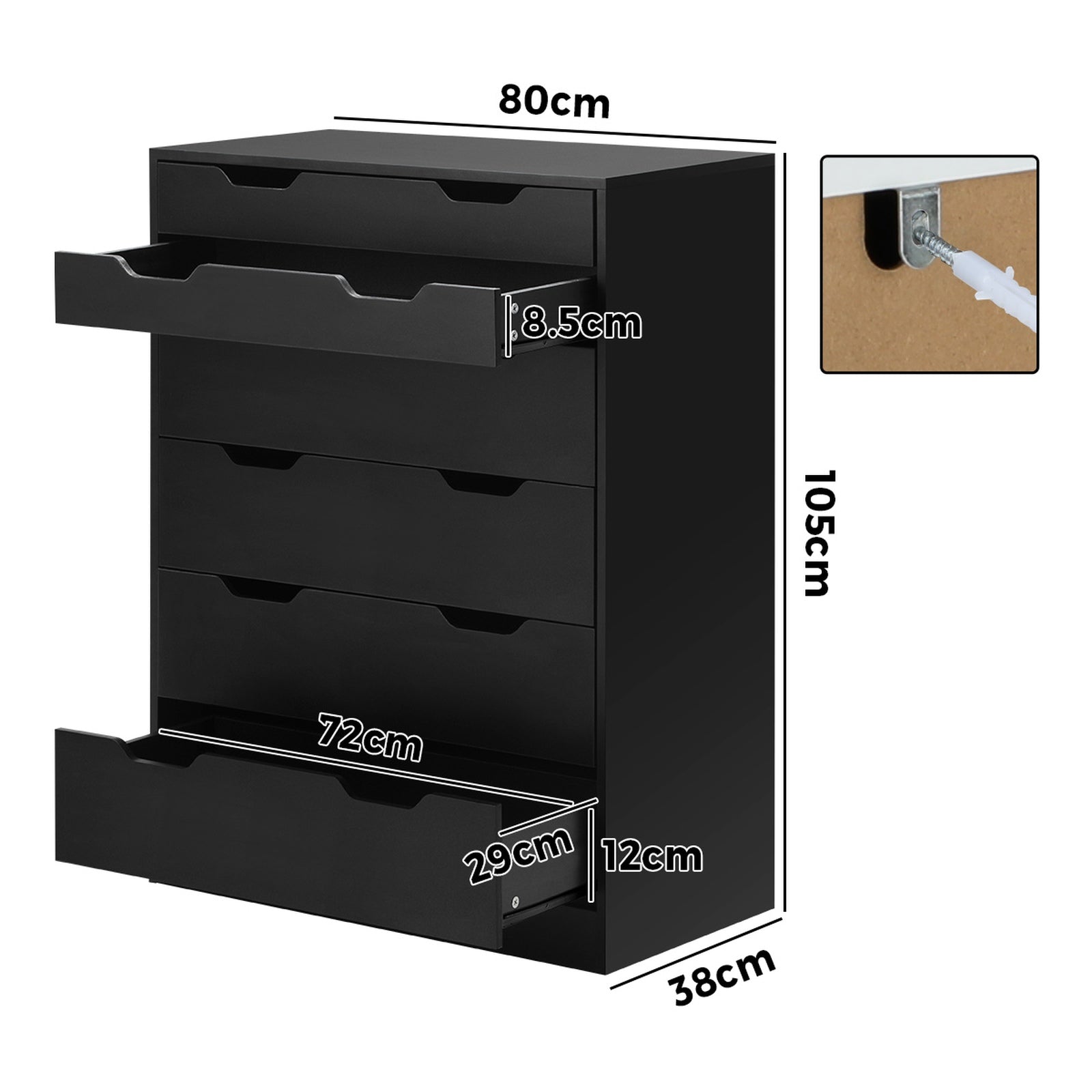 Oikiture 6 Chest of Drawers Tallboy Storage Cabinet Dresser Bedroom Black - Sunyee