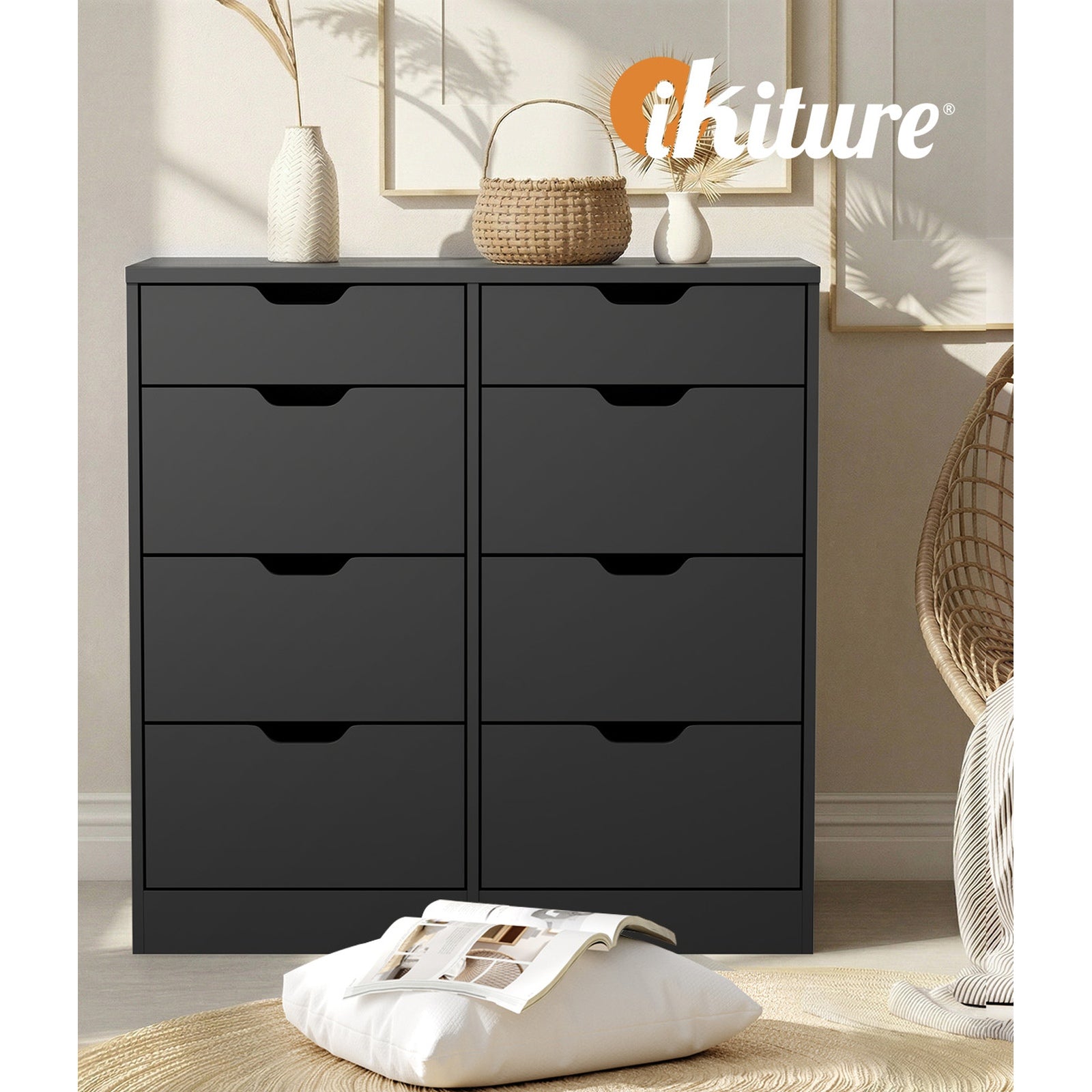 Oikiture 8 Chest of Drawers Tallboy Cabinet Dresser Bedroom Storage Black