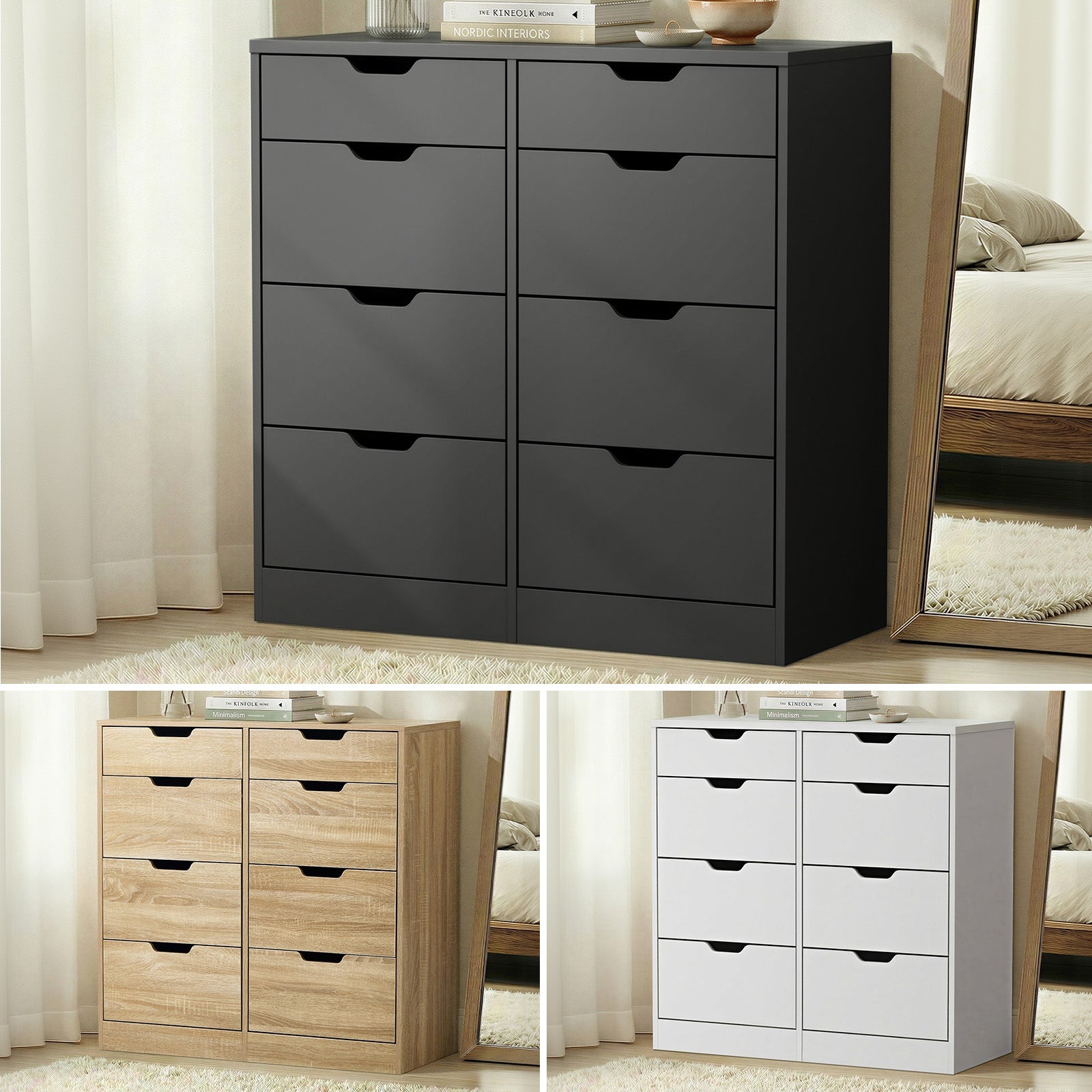 Oikiture 8 Chest of Drawers Tallboy Cabinet Dresser Bedroom Storage