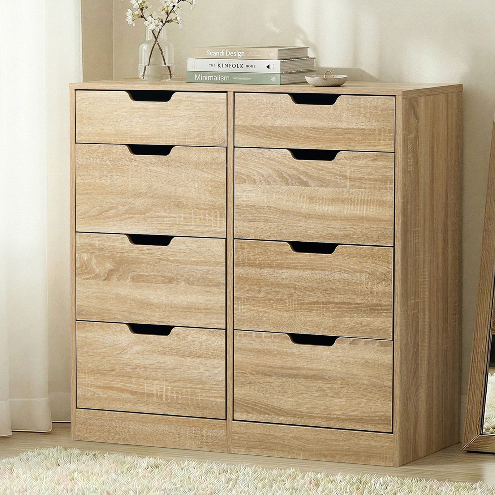Oikiture 8 Chest of Drawers Tallboy Cabinet Dresser Bedroom Storage Natural