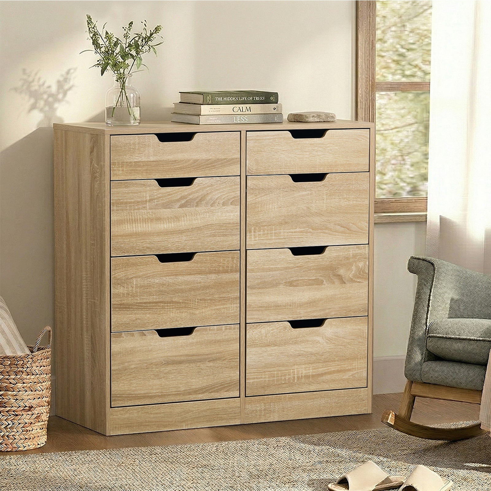 Oikiture 8 Chest of Drawers Tallboy Cabinet Dresser Bedroom Storage Natural