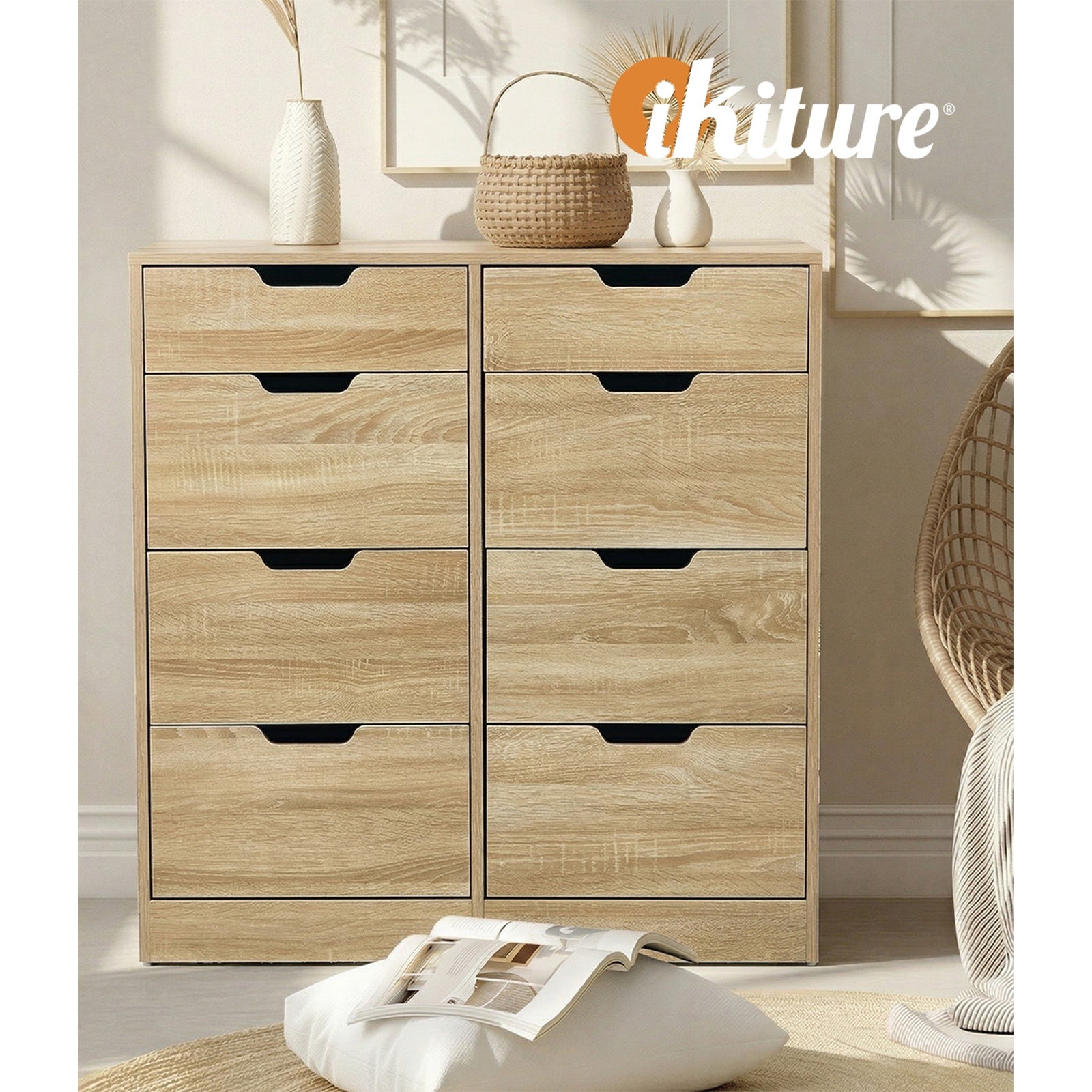Oikiture 8 Chest of Drawers Tallboy Cabinet Dresser Bedroom Storage Natural