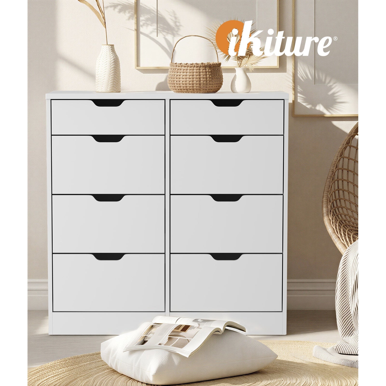 Oikiture 8 Chest of Drawers Tallboy Cabinet Dresser Bedroom Storage White