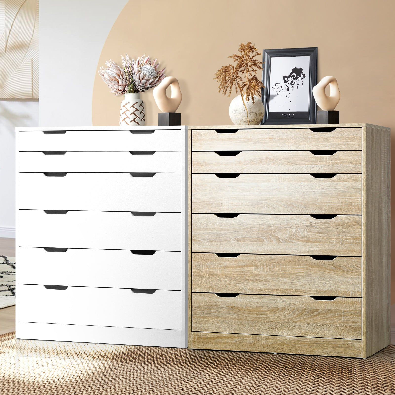 Oikiture 6 Chest of Drawers Dresser Table Tallboy Cabinet Bedroom White Oak - Sunyee