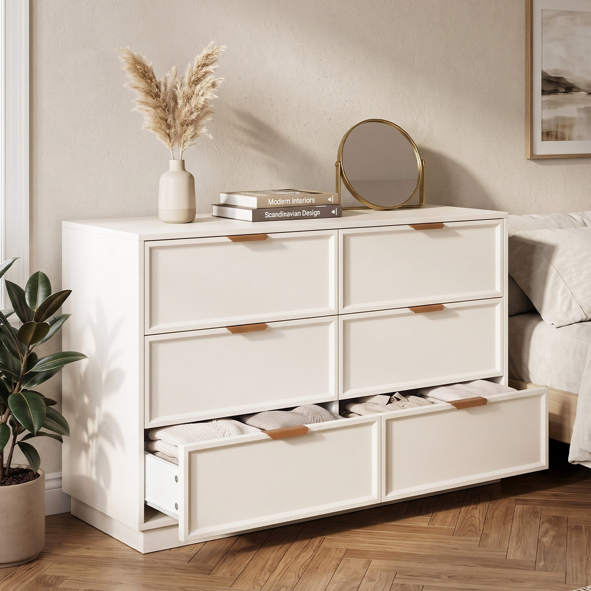 Oikiture 6 Chest of Drawer Dresser Lowboy Storage Metal Handle Creamy White