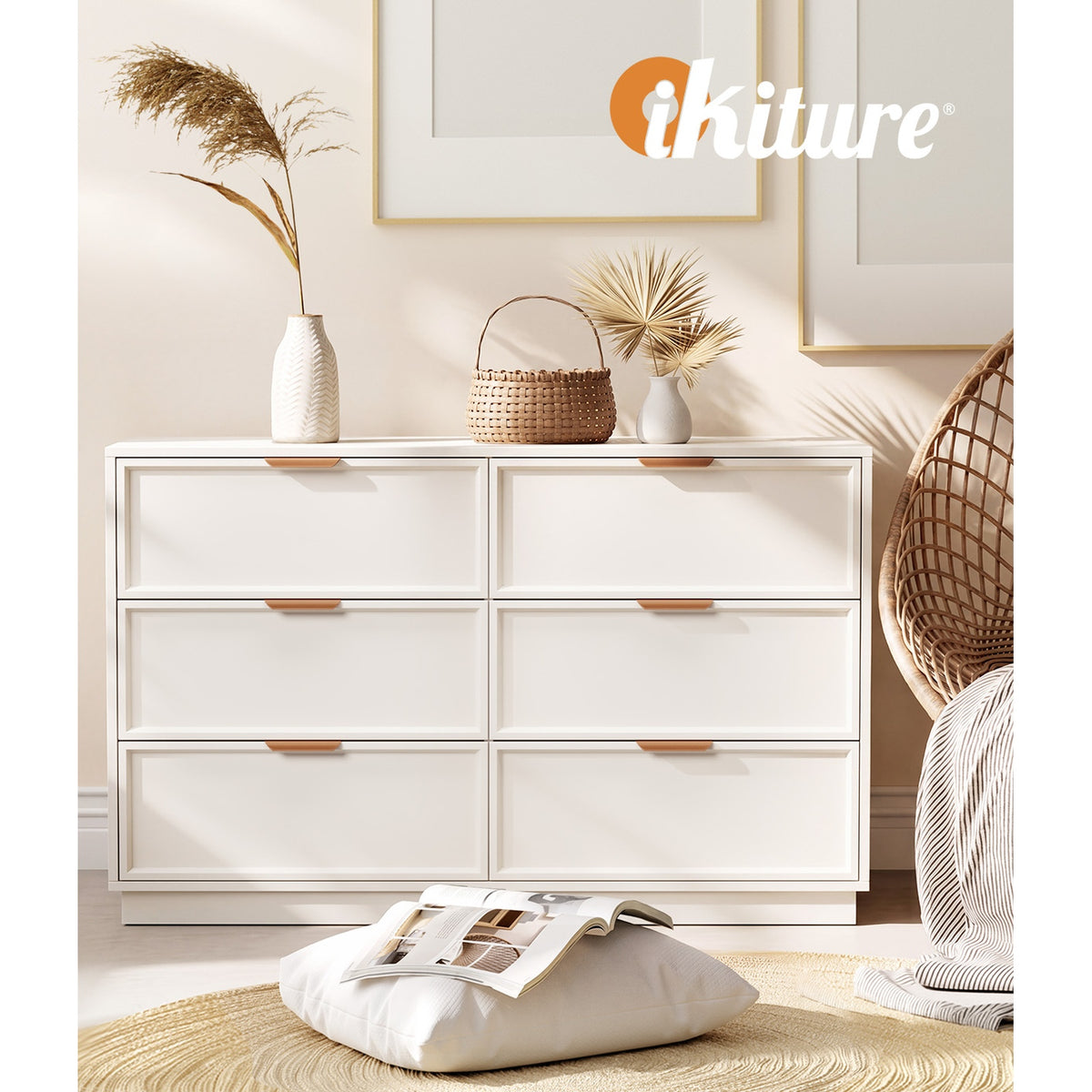 Oikiture 6 Chest of Drawer Dresser Lowboy Storage Metal Handle Creamy White