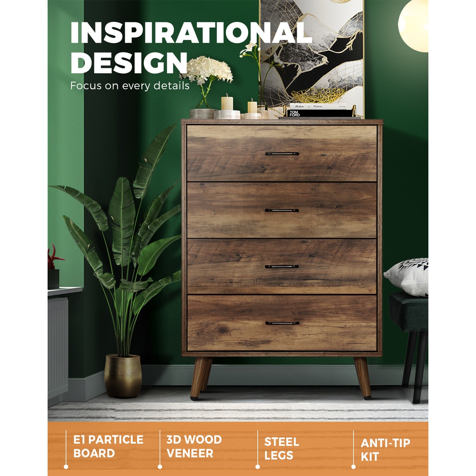 Oikiture 4 Chest of Drawers Storage Cabinet Tallboy Dresser Furniture Wooden