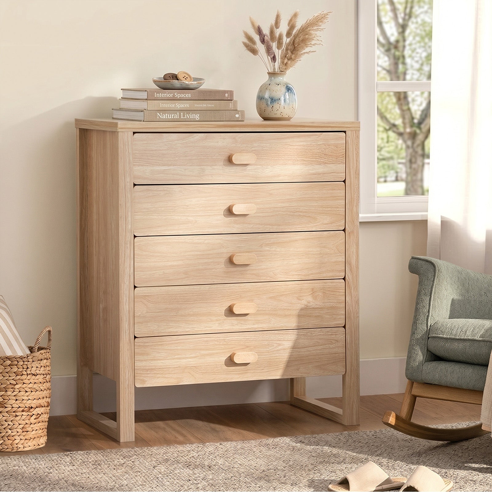 Oikiture 5 Chest of Drawers Dresser Tallboy Storage Desk Bedroom Natural