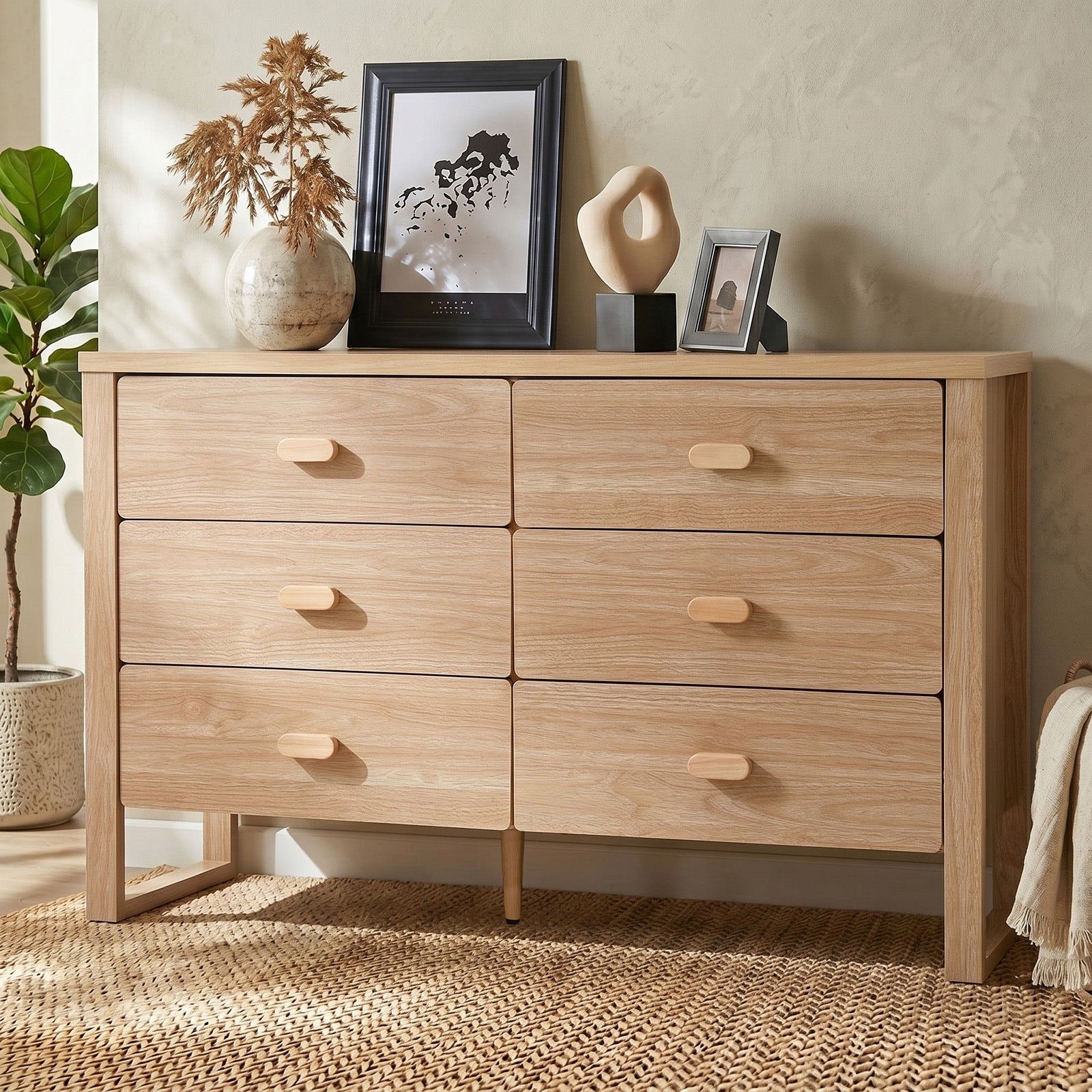 Oikiture 6 Chest of Drawers Dresser Lowboy Storage Desk Bedroom Natural
