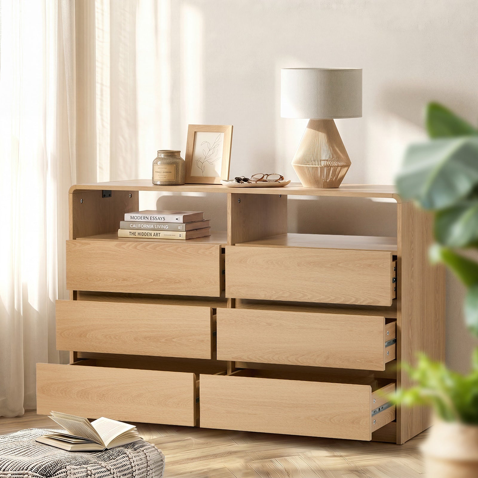 Oikiture 6 Chest Of Drawers Dresser with 2 Open Shelves Handle-Free Natural