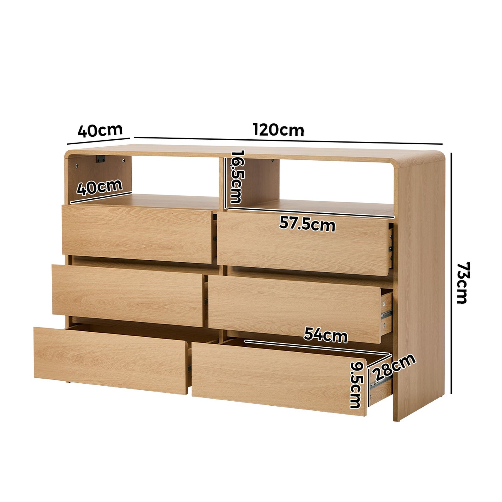 Oikiture 6 Chest Of Drawers Dresser with 2 Open Shelves Handle-Free Natural