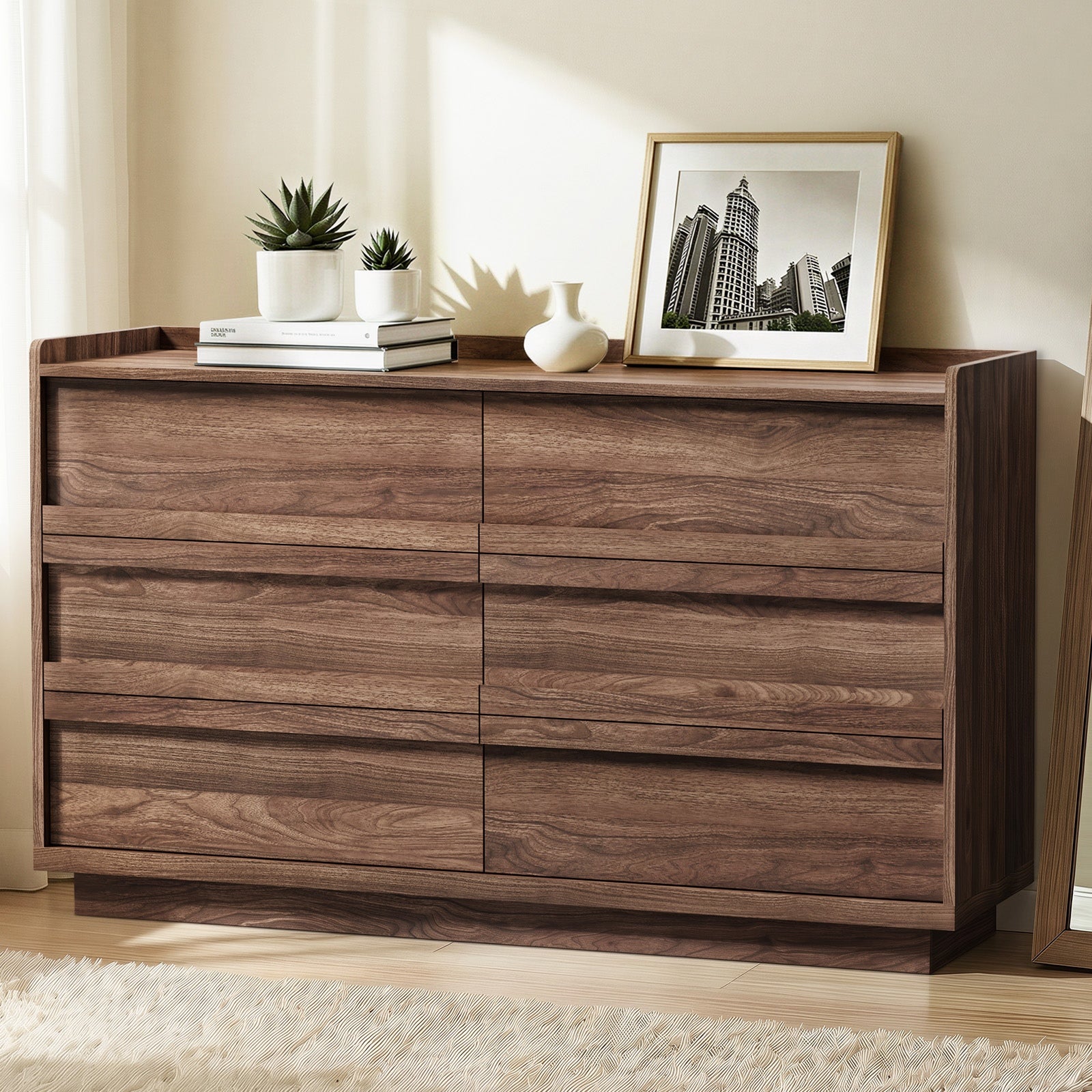 Oikiture 6 Chest Of Drawers Lowboy Dresser Handle-Free Storage Cabinet Walnut