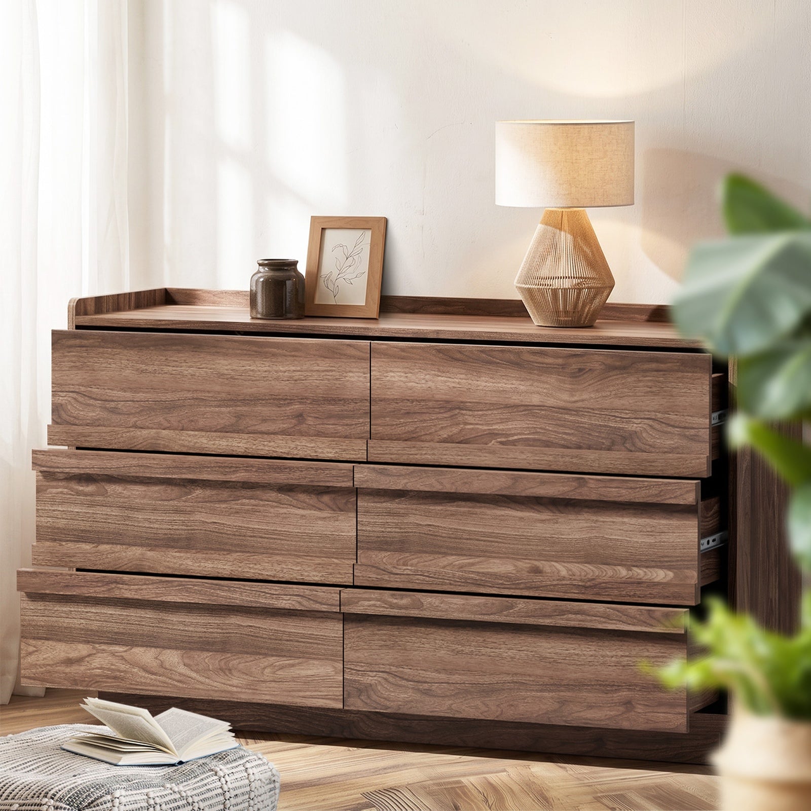 Oikiture 6 Chest Of Drawers Lowboy Dresser Handle-Free Storage Cabinet Walnut