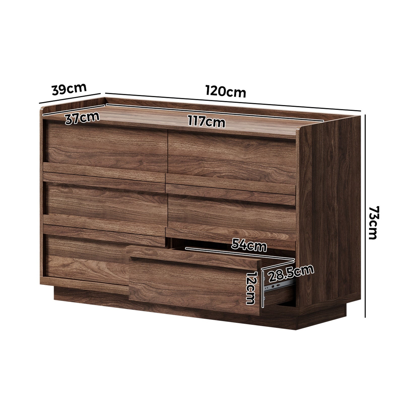 Oikiture 6 Chest Of Drawers Lowboy Dresser Handle-Free Storage Cabinet Walnut