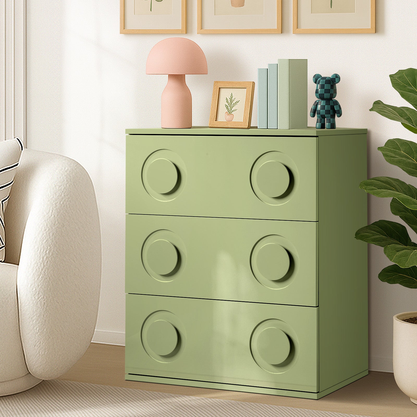 Oikiture 3 Chest of Drawers Spacious Cabinet Bedroom Dresser Nightstand Green - Sunyee