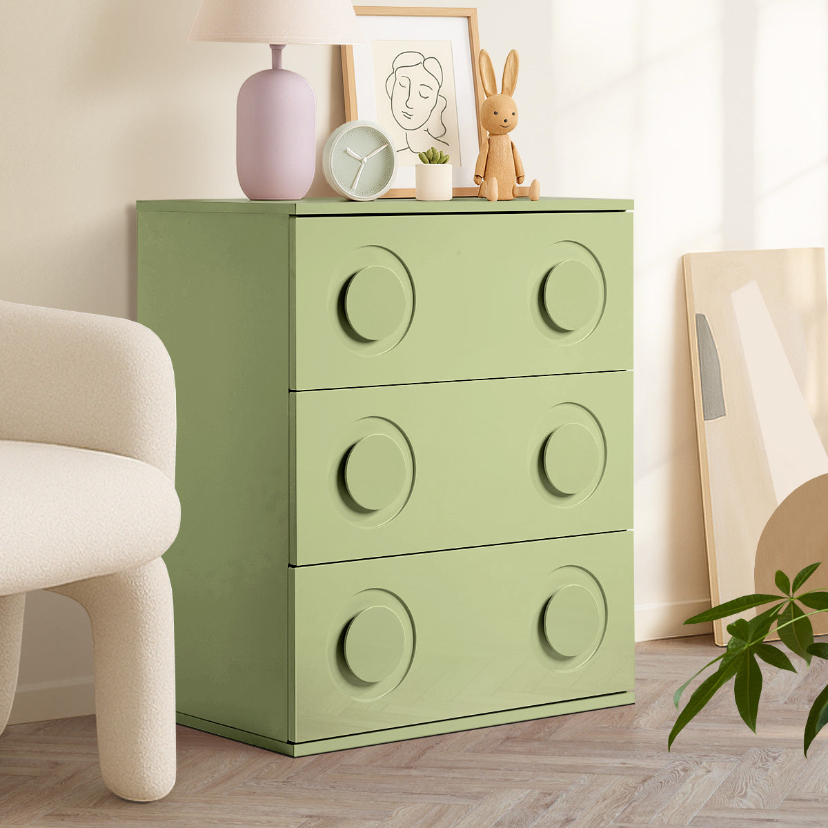 Oikiture 3 Chest of Drawers Spacious Cabinet Bedroom Dresser Nightstand Green - Sunyee
