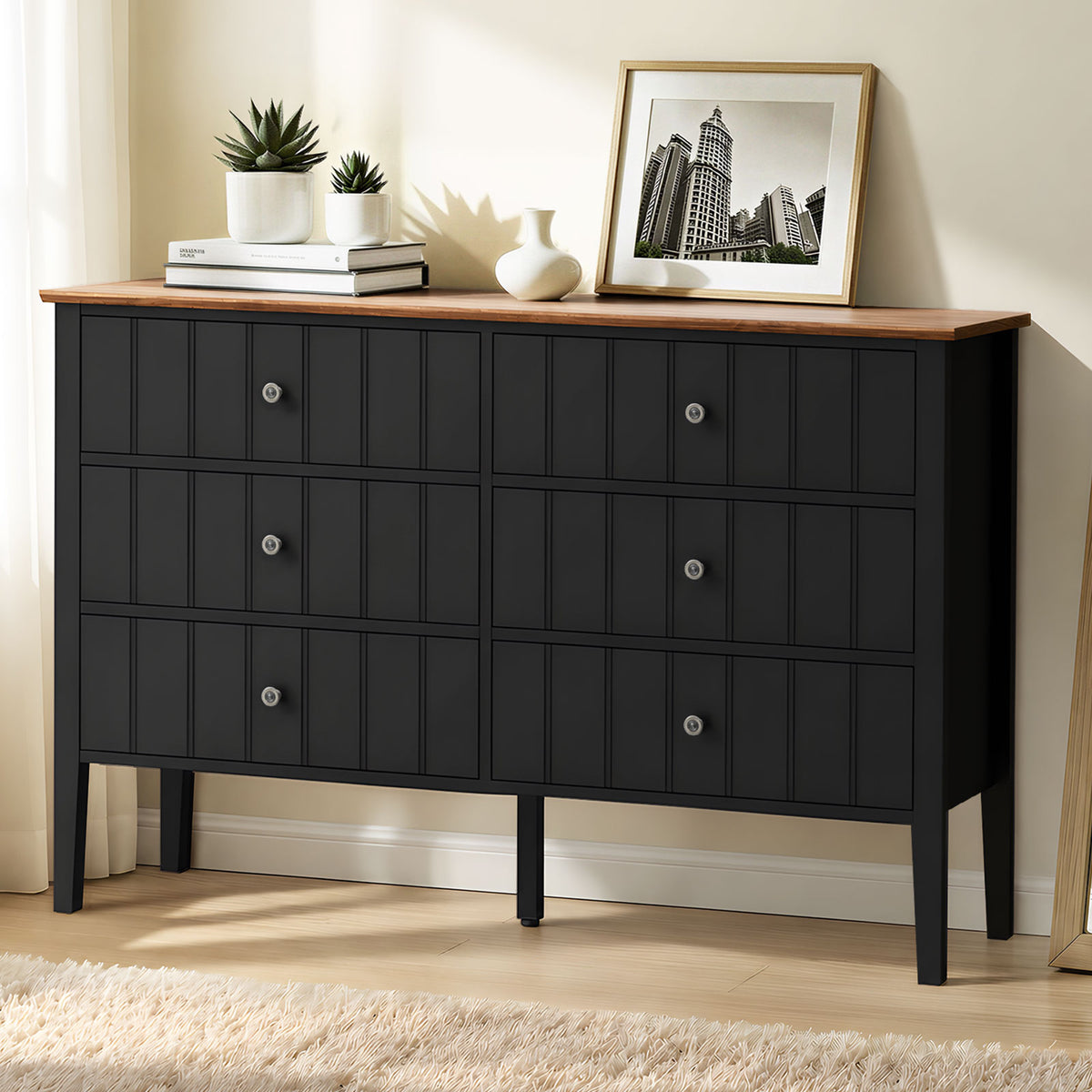 Oikiture Modern Cottage Farmhouse 6 Drawer Chest Zinc Alloy Handles Black