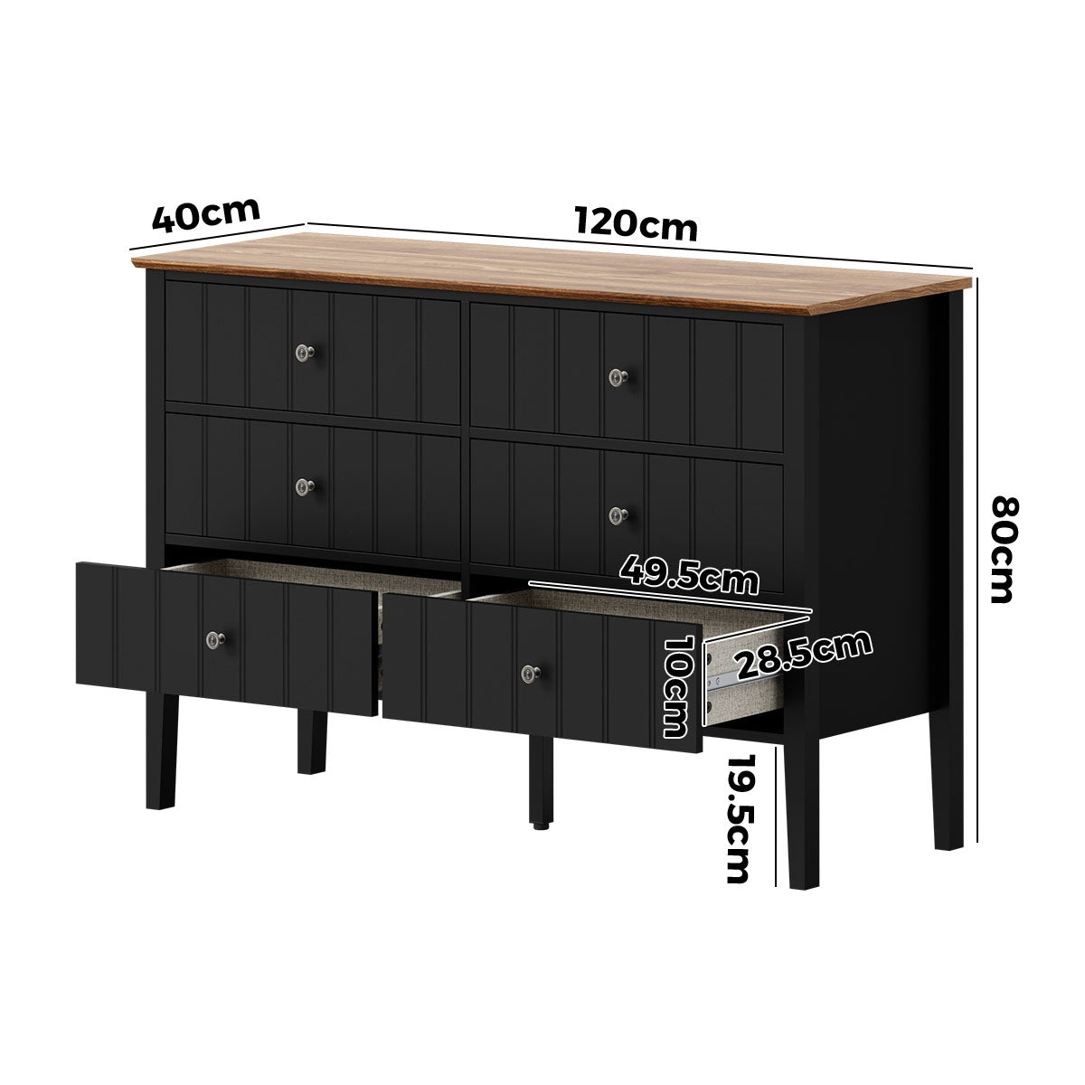 Oikiture Modern Cottage Farmhouse 6 Drawer Chest Zinc Alloy Handles Black