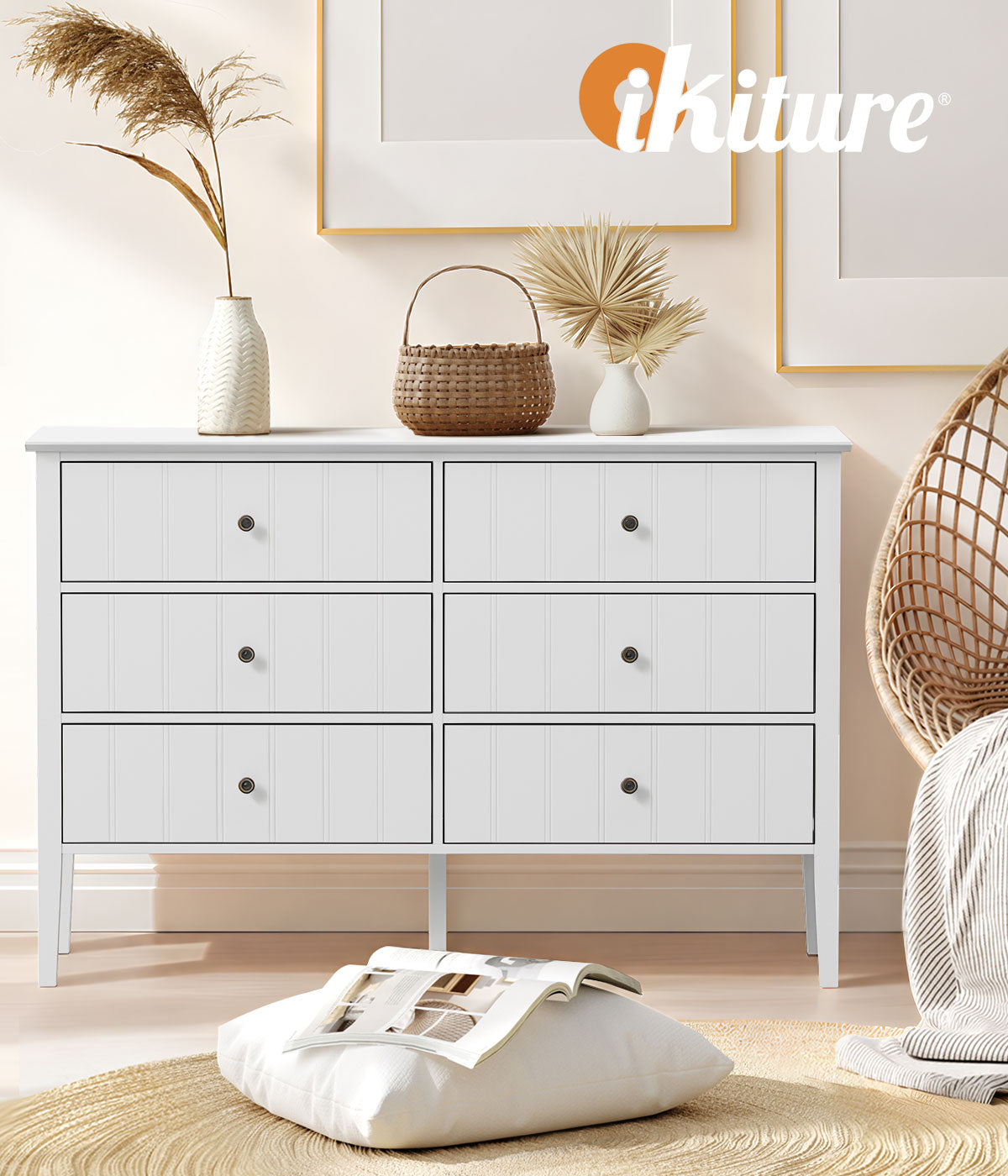 Oikiture Modern Cottage Farmhouse 6 Drawer Chest Zinc Alloy Handles White