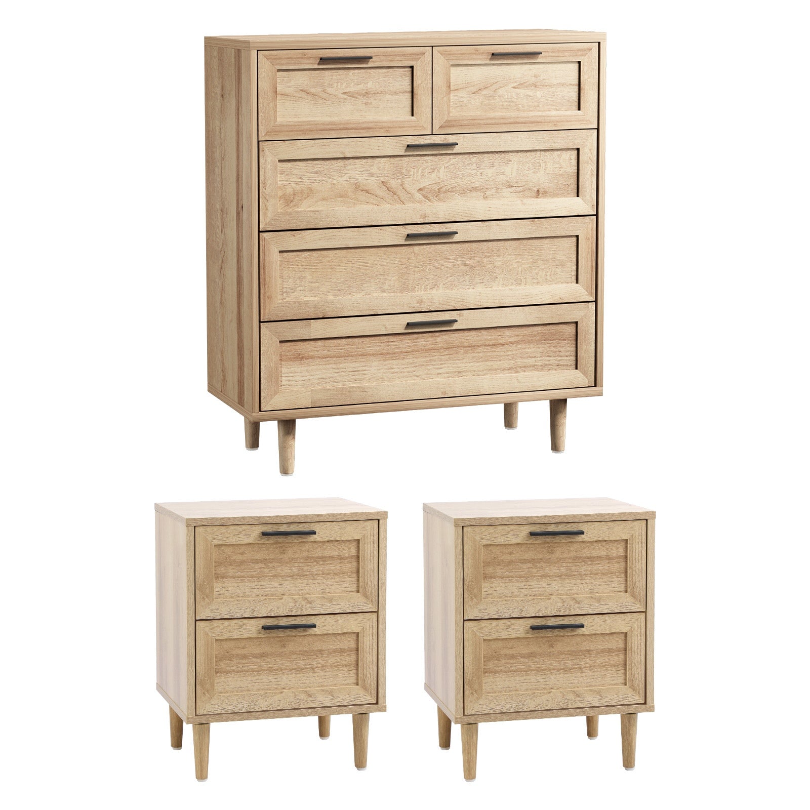 Oikiture 5 Chest of Drawers and 2 Bedside Tables Nightstand Bedroom Set Natural - Sunyee