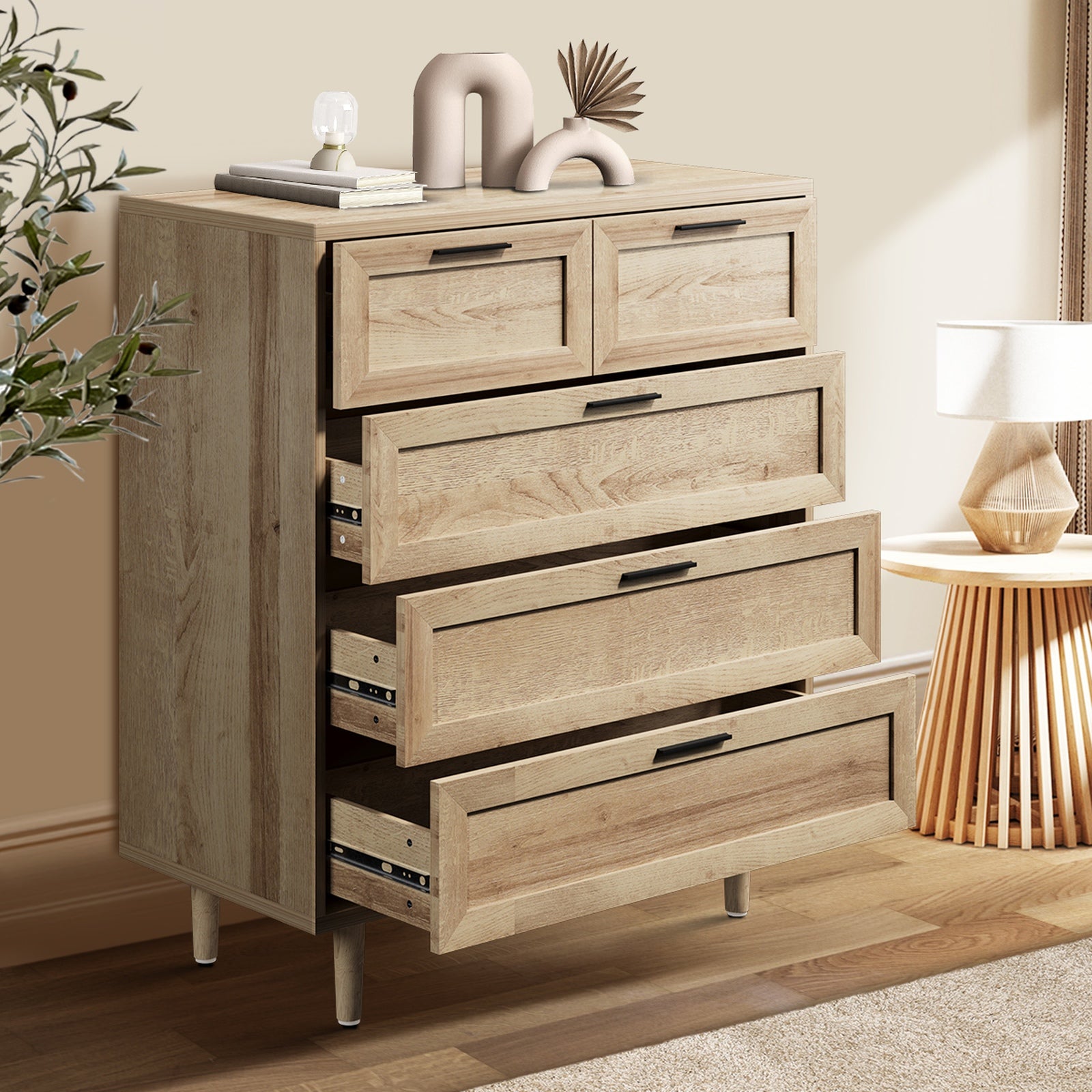 Oikiture 5 Chest of Drawers and 2 Bedside Tables Nightstand Bedroom Set Natural - Sunyee