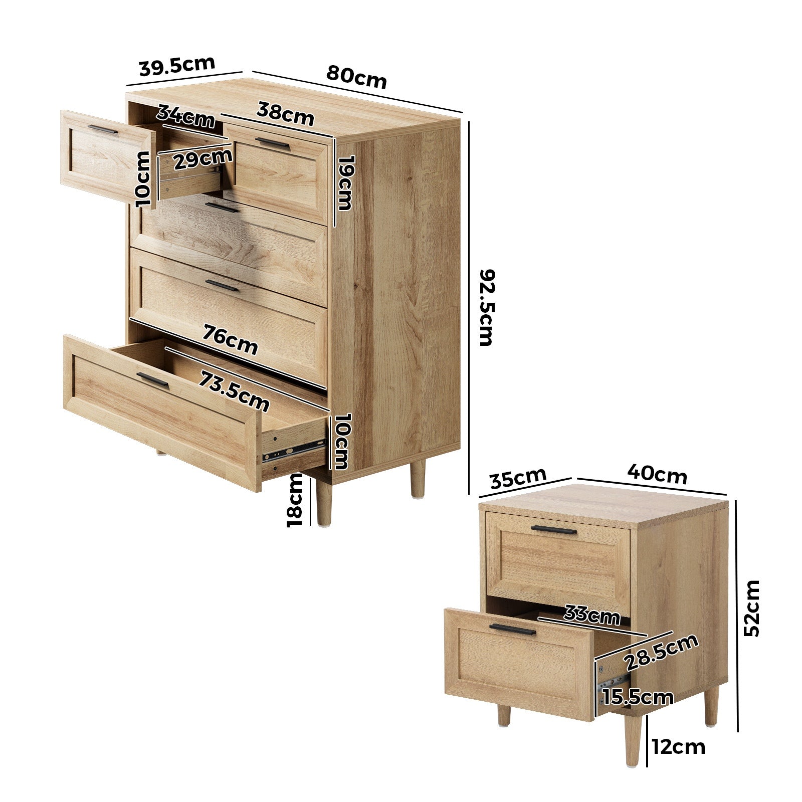 Oikiture 5 Chest of Drawers and 2 Bedside Tables Nightstand Bedroom Set Natural - Sunyee