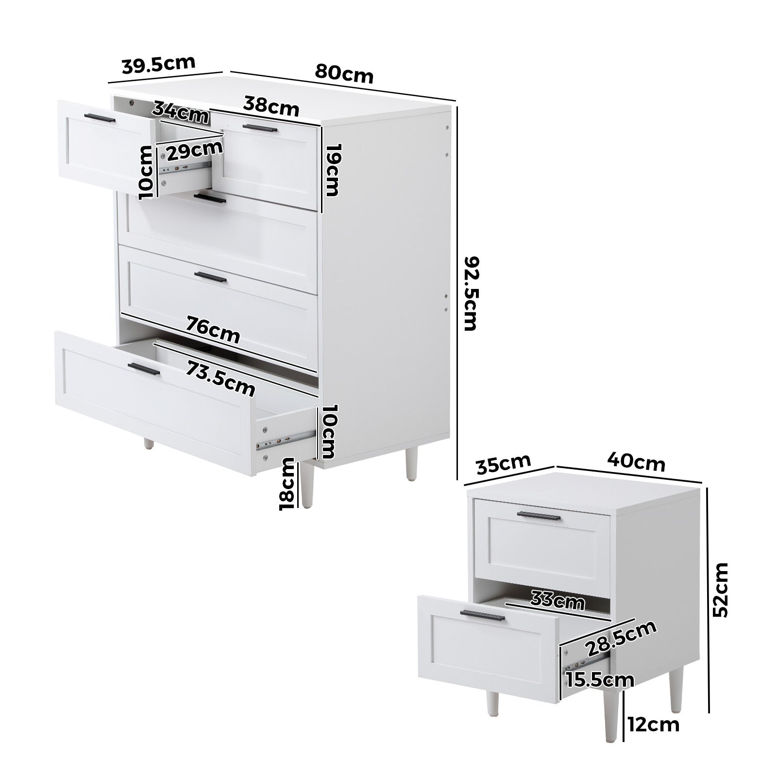 Oikiture 5 Chest of Drawers and 2 Bedside Tables Nightstand Bedroom Set White - Sunyee