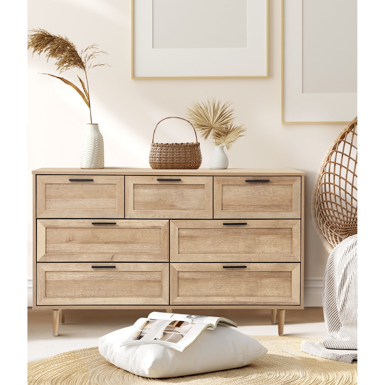 Oikiture 7 Chest of Drawers and 2 Bedside Tables Nightstand Bedroom Set Natural - Sunyee