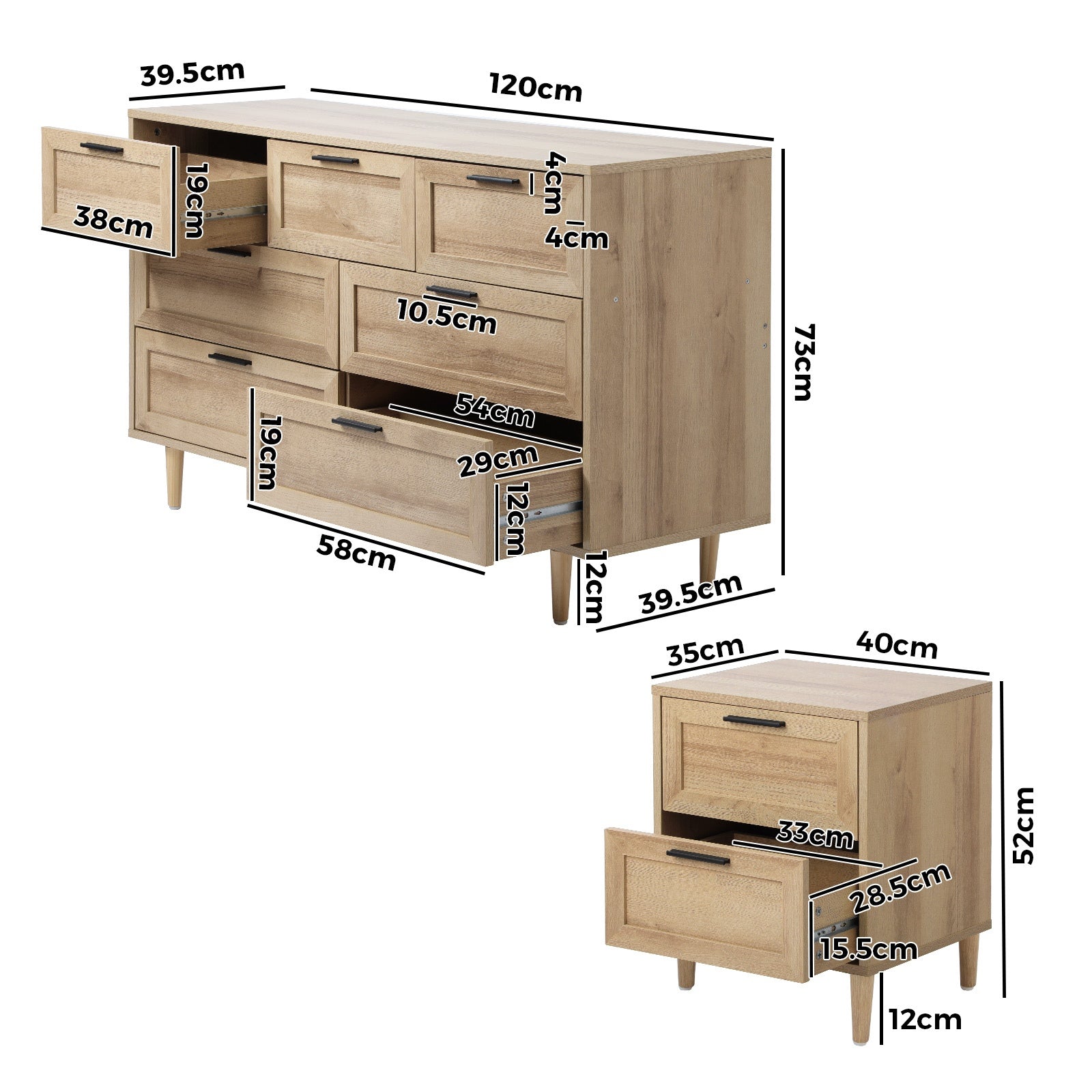 Oikiture 7 Chest of Drawers and 2 Bedside Tables Nightstand Bedroom Set Natural - Sunyee
