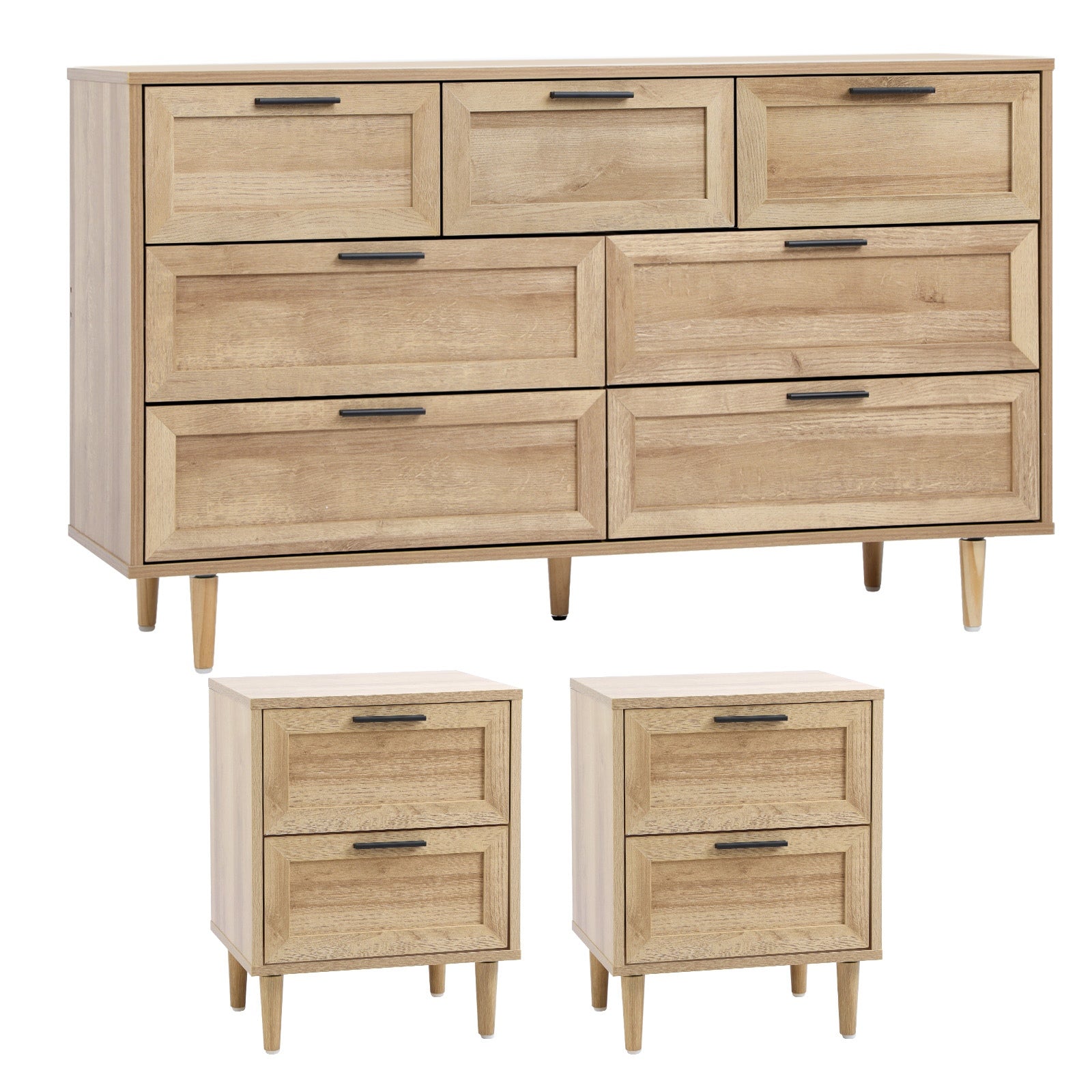 Oikiture 7 Chest of Drawers and 2 Bedside Tables Nightstand Bedroom Set Natural - Sunyee