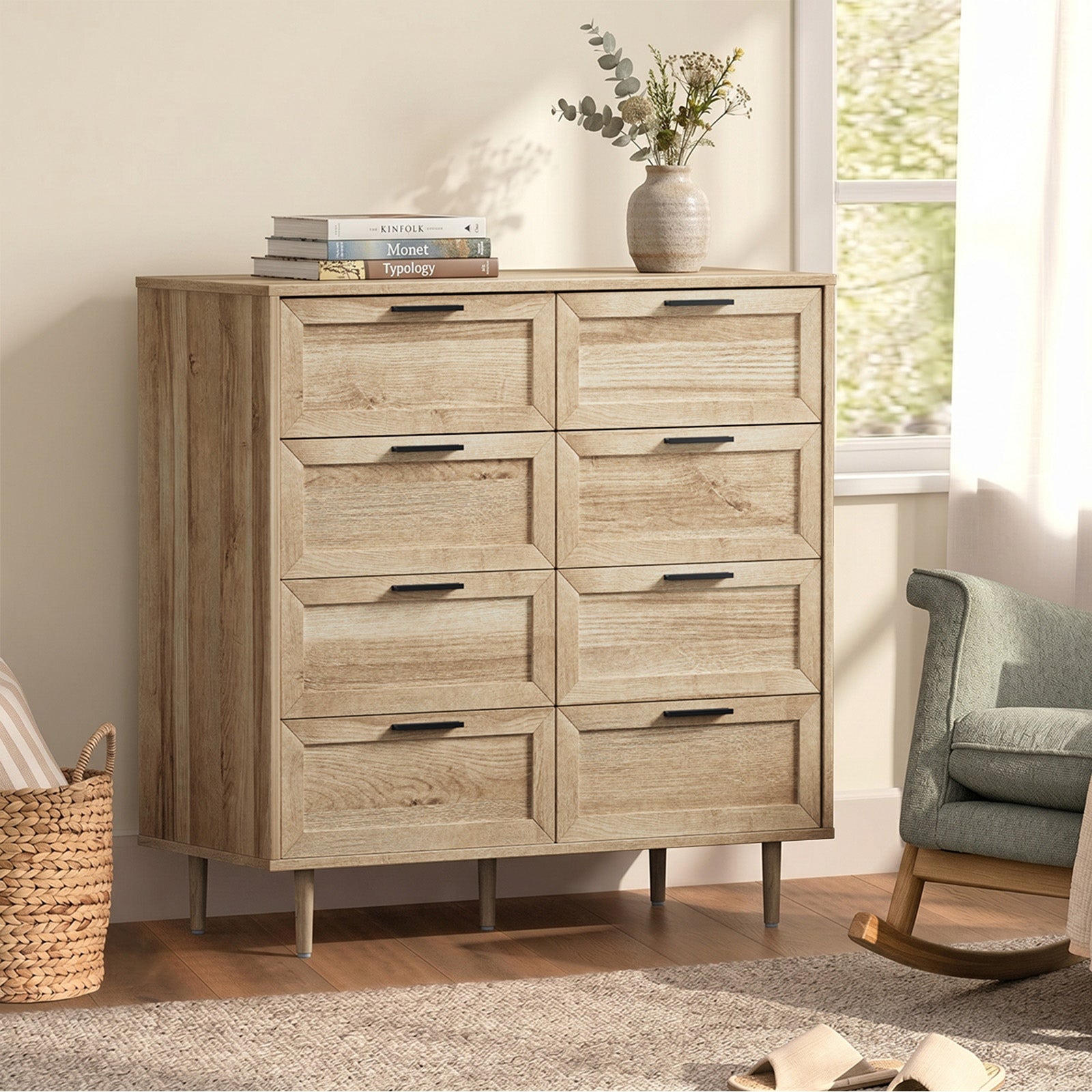Oikiture 8 Chest of Drawers Dresser Chest Storage Cabinet Tallboy Natural