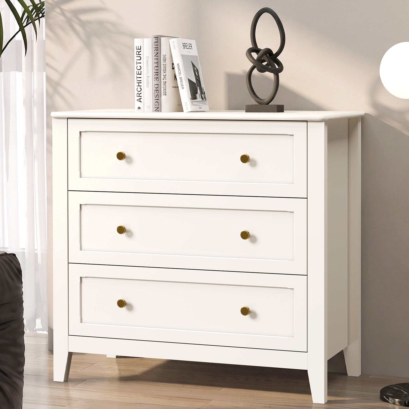 Oikiture 3 Chest Of Drawers Dresser Metal Handle Bedroom Storage White