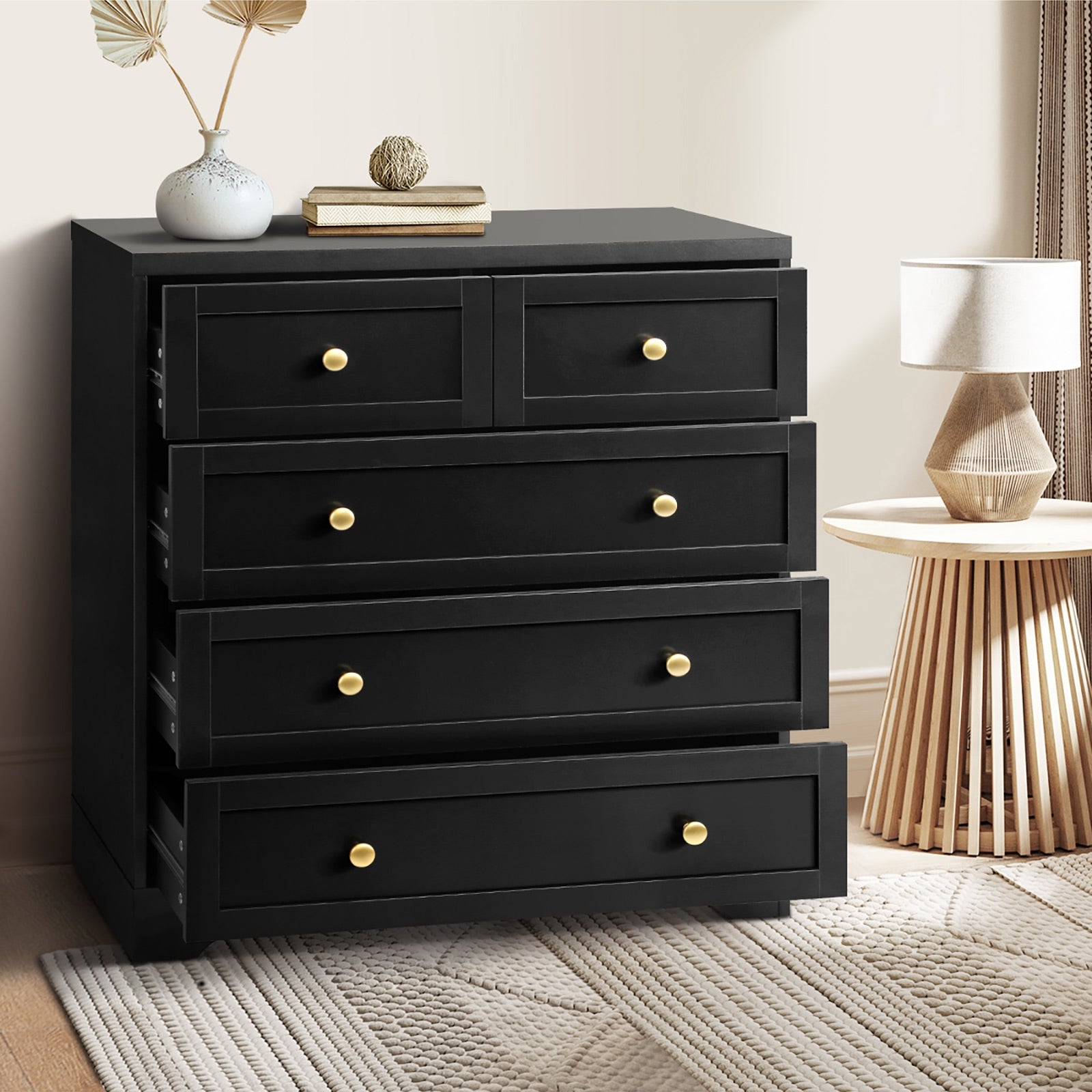 Oikiture 5 Chest of Drawers Tallboy Dresser Table Storage Cabinet Black - Sunyee