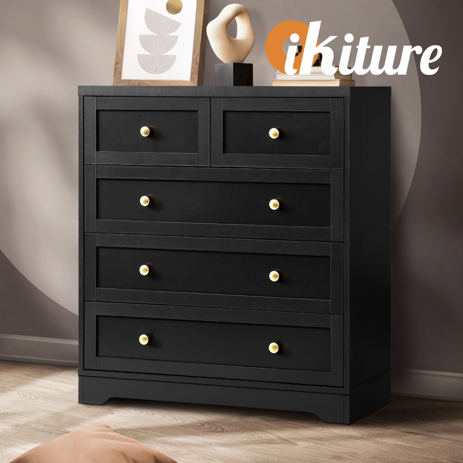 Oikiture 5 Chest of Drawers Tallboy Dresser Table Storage Cabinet Black - Sunyee