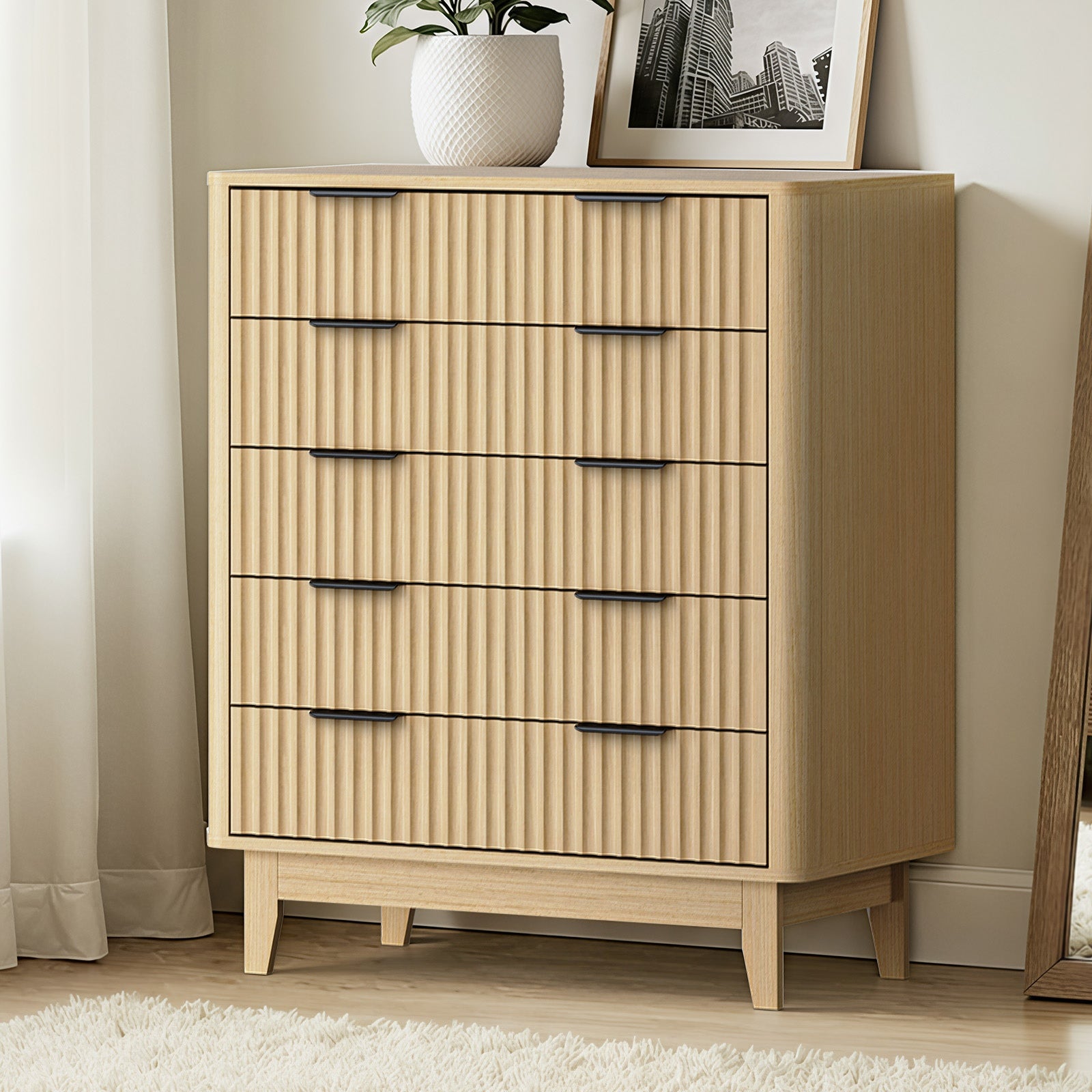 Oikiture 5 Chest of Drawers Storage Cabinet Dressers Tallboy Stripe Natural - Sunyee
